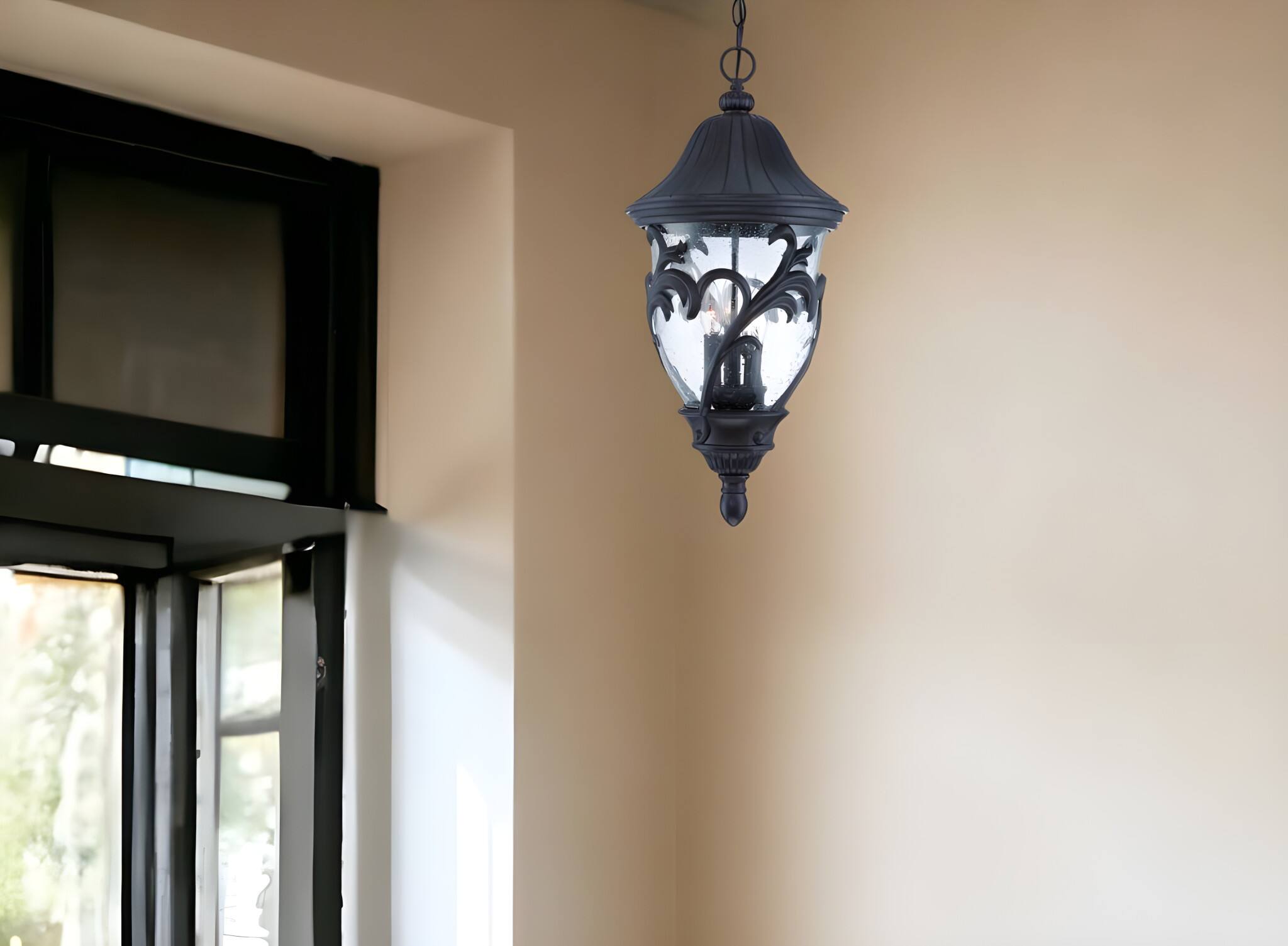 Angle. Hivvago - Hivvago XL Three Light Matte Black Leaf Detail Hanging Light - Black.