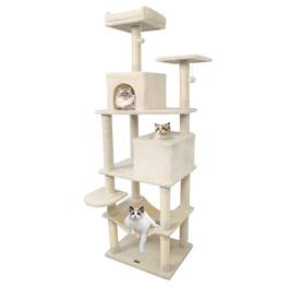 Costway - 70" Cat Tree for Indoor Cats with Padded Top Perch, Dual Condos, Hammock, Platforms - Beige