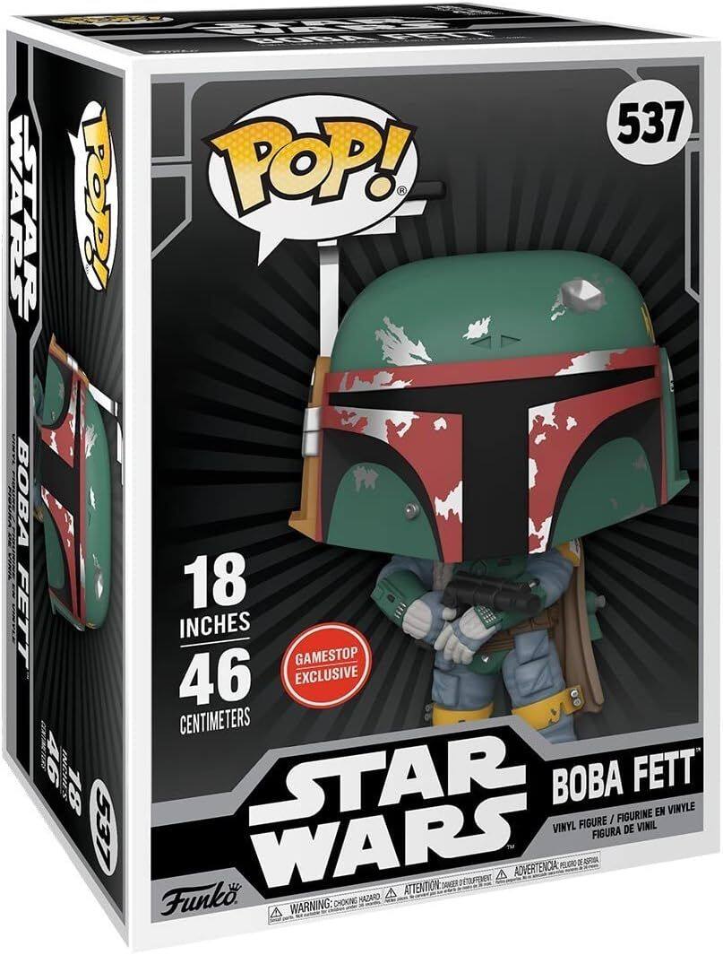 The text on the image can be grouped and corrected as follows:

- **Product Information:**
  - "POP! VINYL FIGURE / FIGURINE EN VINYLE / FIGURA DE VINIL"
  - "STAR WARS BOBA FETT"
  - "18 INCHES / 46 CENTIMETERS"
  - "GAMESTOP EXCLUSIVE"

- **Warning:**
  - "WARNING: CHOKING HAZARD"
  - "ADVERTENCIA: PELIGRO DE ASFIXIA"
  - "ATTENTION: RISQUE D'ÉTINCELLEMENT"

- **Additional Details:**
  - "Funko"
  - "537"

This ensures all the details are clear and correctly grouped.