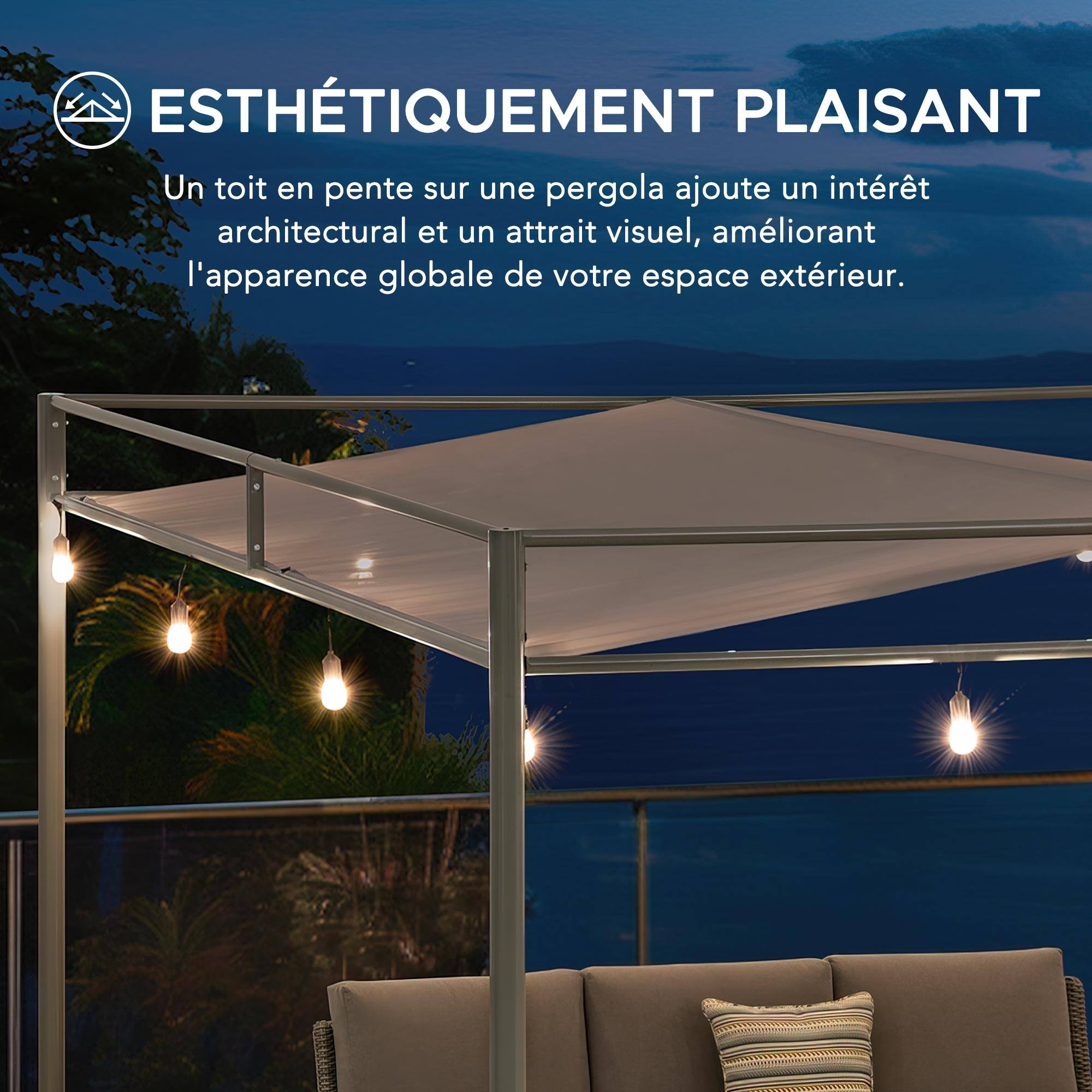 ESTHÉTIQUEMENT PLAISANT

Un toit en pente sur une pergola ajoute un intérêt architectural et un attrait visuel, améliorant l'apparence globale de votre espace extérieur.