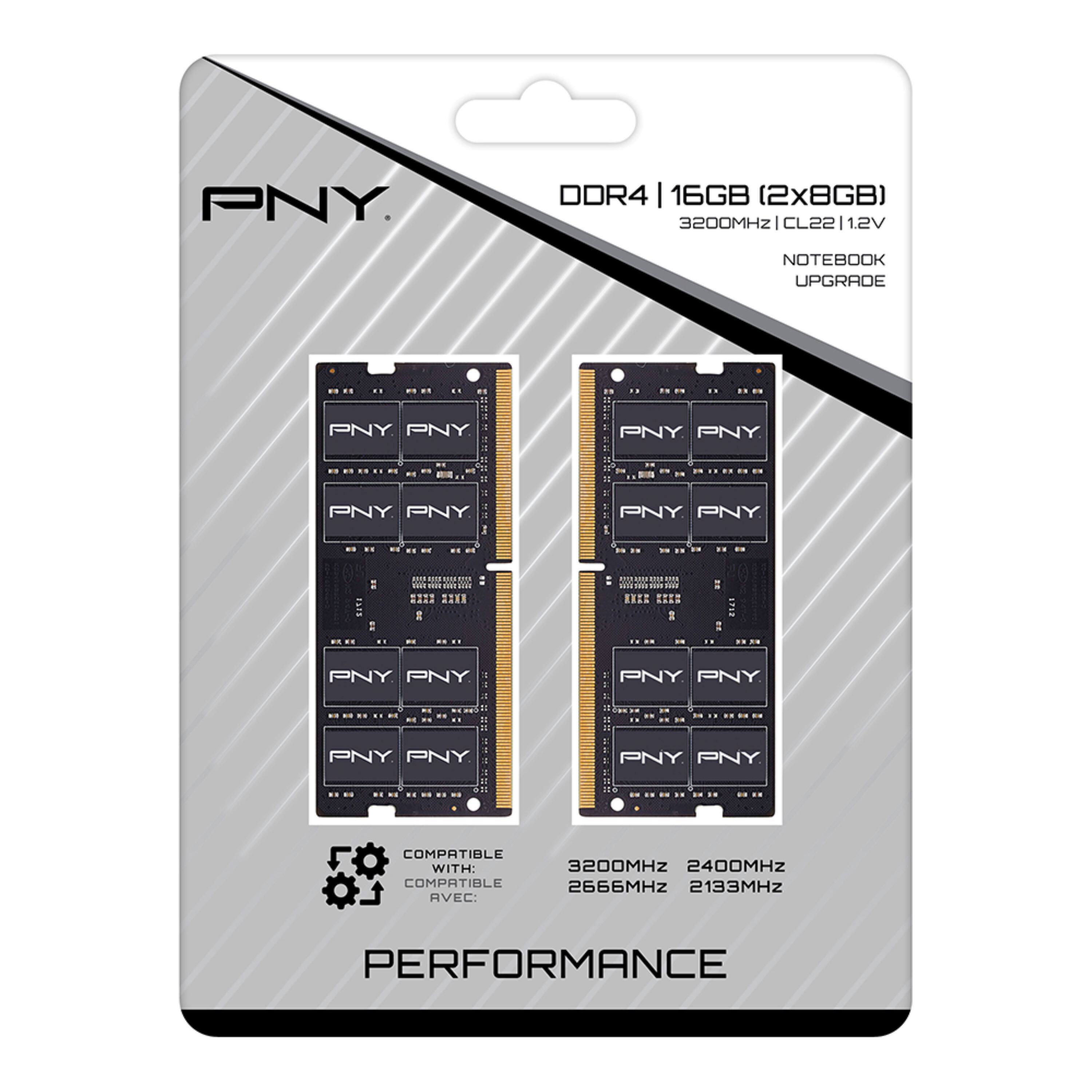 Alt View 1. PNY - Performance 16GB (2x8GB) 3200MHz DDR4 DRAM  CL22 So-DIMM Notebook/Laptop Memory Kit - Black.