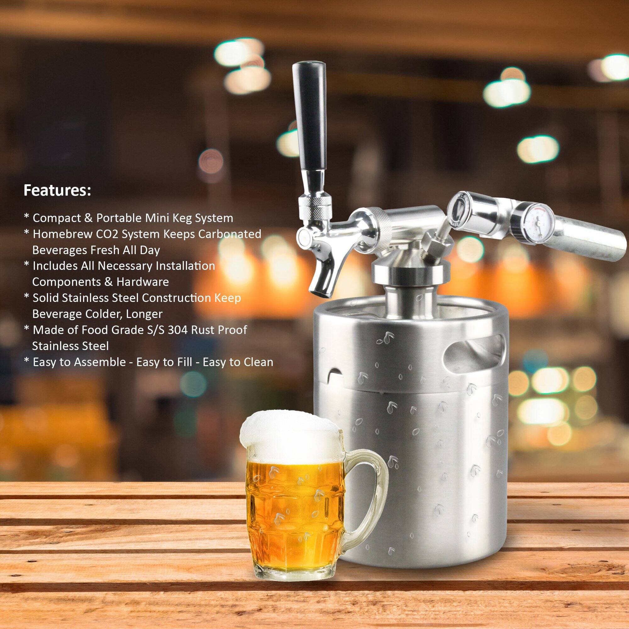 Features:  
- Compact & Portable Mini Keg System  
- Homebrew CO2 System Keeps Carbonated Beverages Fresh All Day  
- Includes All Necessary Installation Components & Hardware  
- Solid Stainless Steel Construction Keeps Beverage Colder, Longer  
- Made of Food Grade S/S 304 Rust Proof Stainless Steel  
- Easy to Assemble - Easy to Fill - Easy to Clean