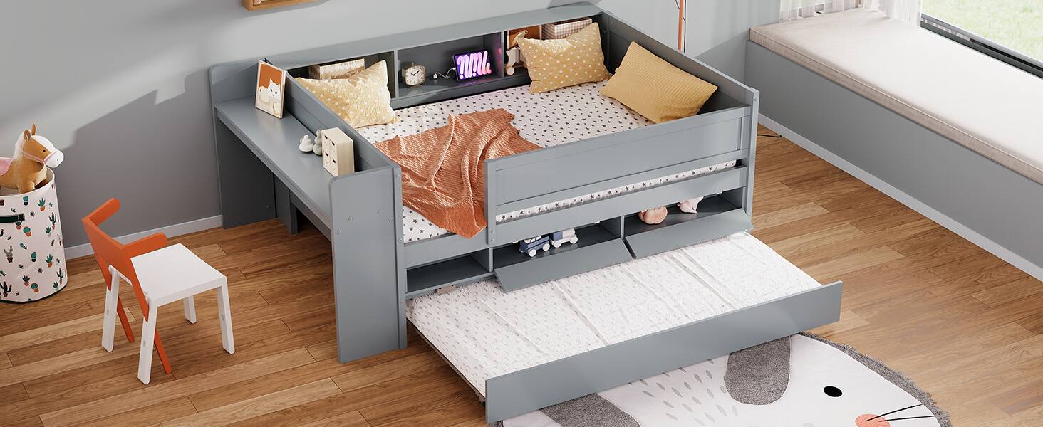 Alt View 4. Tiramisubest - Multi-Functional Twin Daybed with Drawers and Trundle,  Headboard Storage and Tables, USB Charging Station, Gray - Gray.