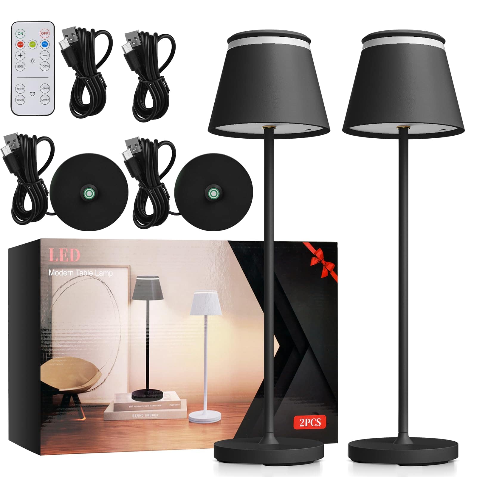 Dazzling Pops - Cordless Table Lamps Set USB Charging Rechargeable Base LED Lights Touch Operated Remote Control Desk - Black