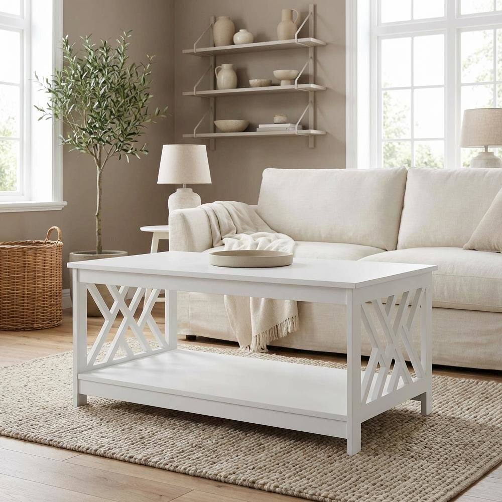 Back. FurniFact - White MDF Coffee Table with Shelf and Storage Space Titan - White.