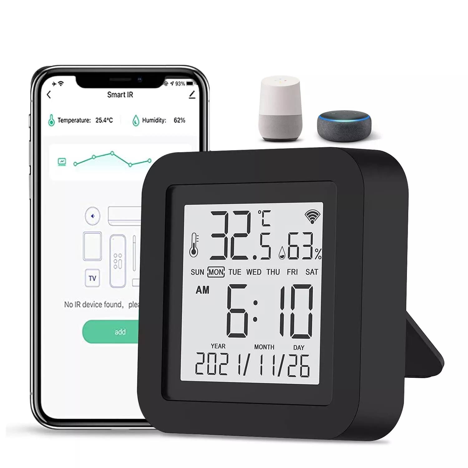 93% Smart IR  
Temperature: 25.4°C  
Humidity: 62%  

0.8:0 TV  
No IR device found, please add  

SUN MON TUE WED THU FRI SAT  
AM 6  
YEAR MONTH DAY 2021/1/26  

32.5°C 63%  
SUN MON TUE WED THU FRI SAT  
6:10 AM  
YEAR MONTH DAY 2021/1/26