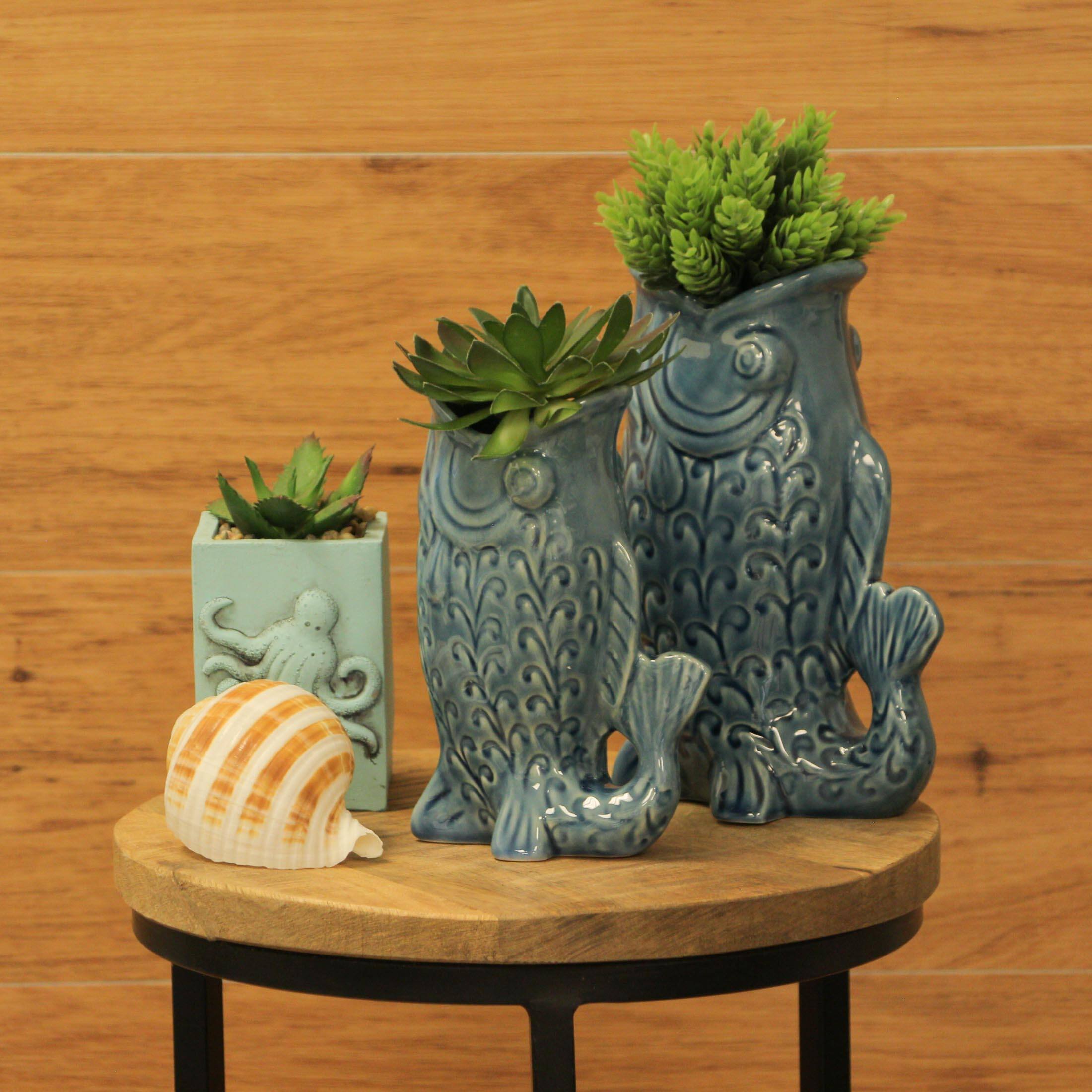 Alt View 3. Zeckos - Blue Fish Decorative Vases Set of 2 Glossy Ceramic Coastal Tabletop - Blue.