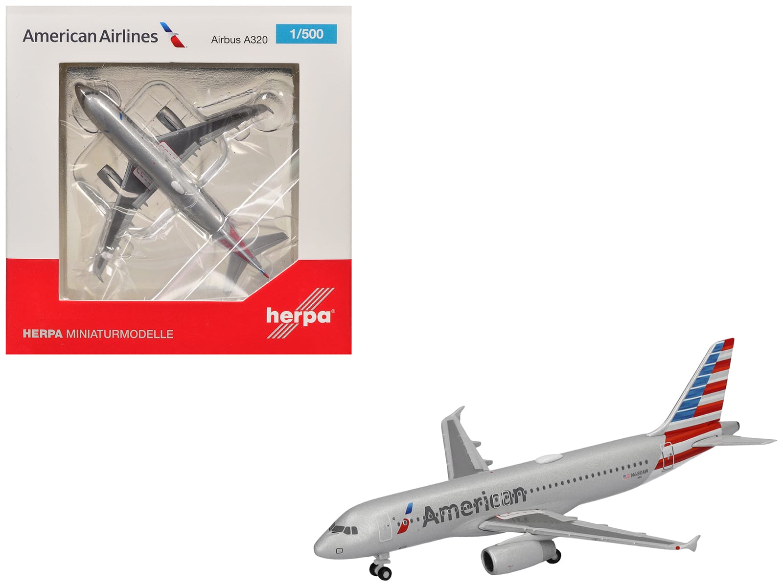 "GeminiJets - Airbus A320 Commercial Aircraft ""American Airlines"" (N680AW) Silver with Blue and Red Tail 1/500 Model Airplane by Herpa" price history on PriceWatchPro