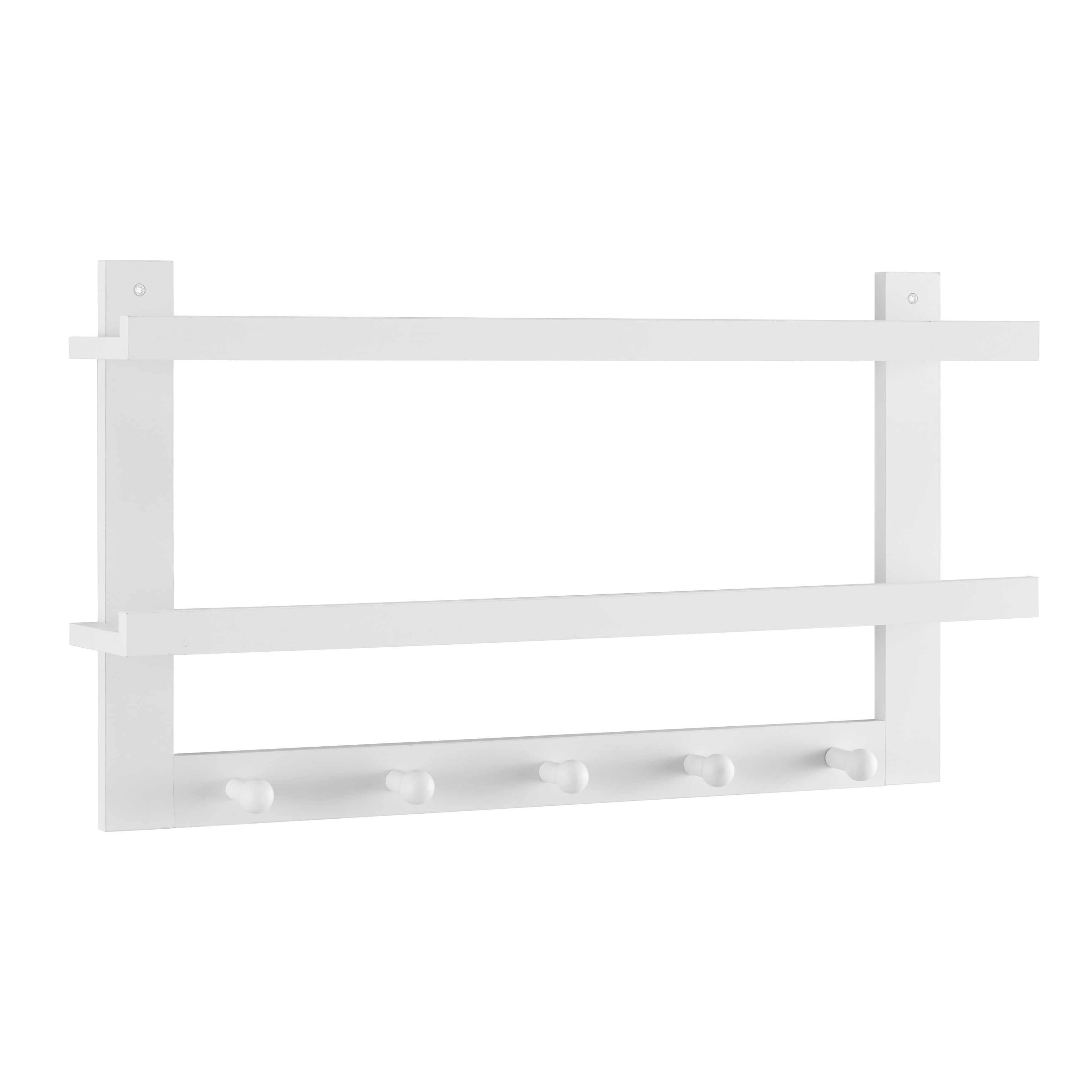 Danya B - Two-Tier Ledge Shelf Wall Organizer with Five Hanging Hooks - White