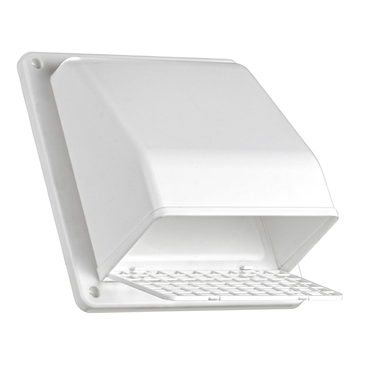Angle. Lambro - 6" Plastic Wall Exhaust or Air Intake Vent with Hinged Screen, Removable Damper, 1.25" Collar, Model 3510.