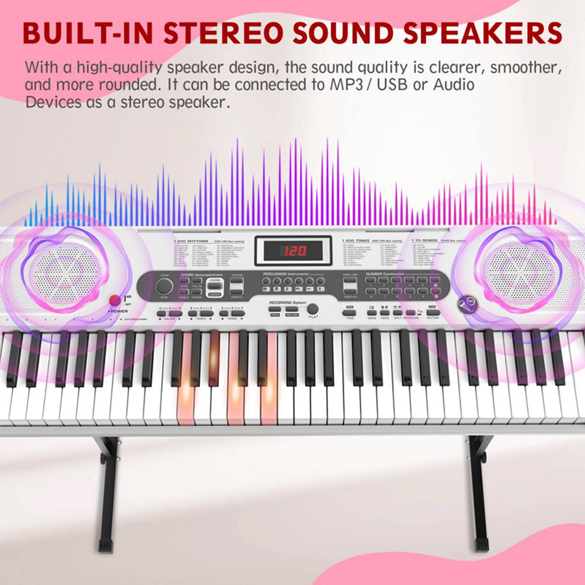 BUILT-IN STEREO SOUND SPEAKERS

With a high-quality speaker design, the sound quality is clearer, smoother, and more rounded. It can be connected to MP3 / USB or Audio Devices as a stereo speaker.