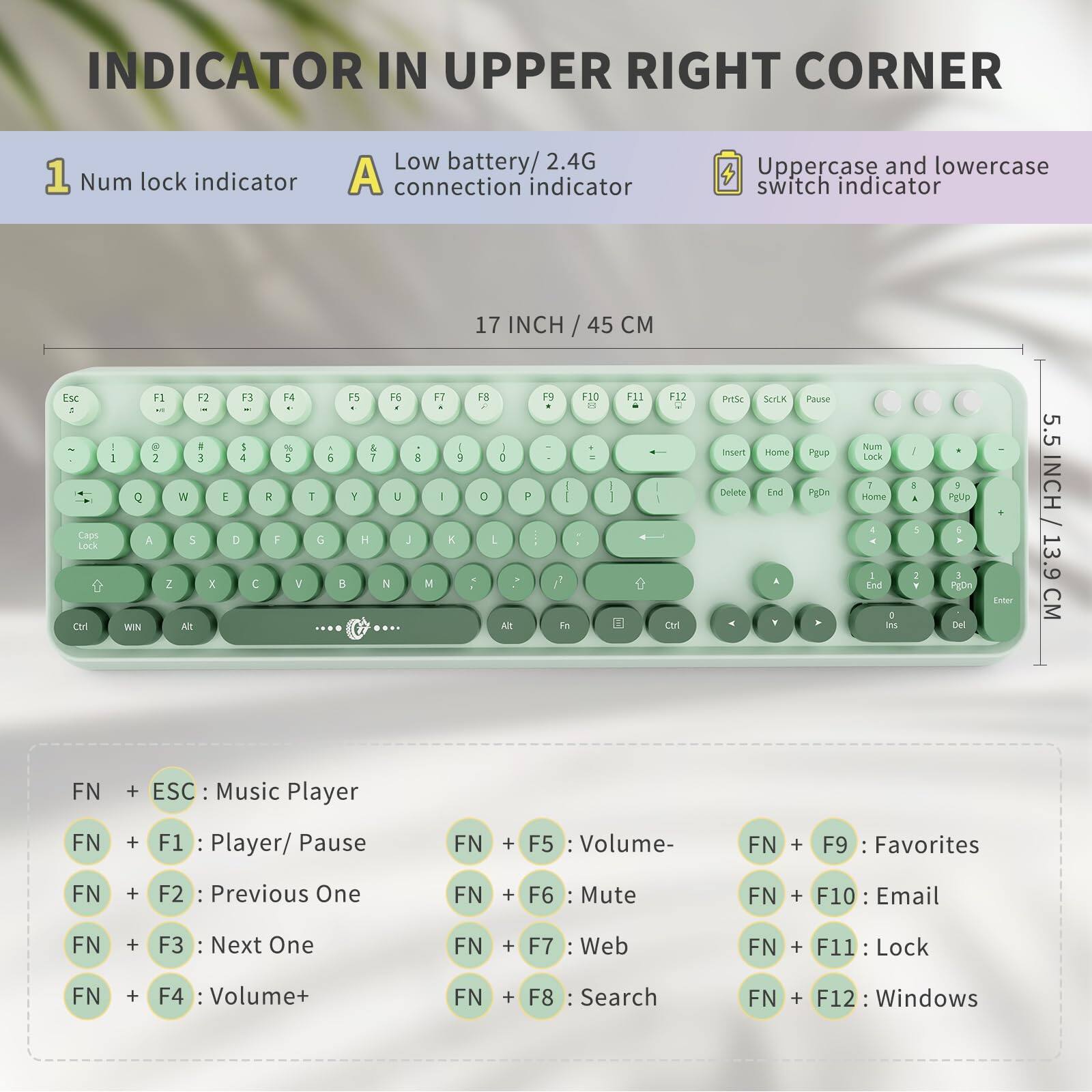 **INDICATOR IN UPPER RIGHT CORNER**

1. Num lock indicator
2. Low battery/2.4G connection indicator
3. Uppercase and lowercase switch indicator

**17 INCH / 45 CM**

**5.5 INCH / 13.9 CM**

**FN + ESC:** Music Player  
**FN + F1:** Player/ Pause  
**FN + F2:** Previous One  
**FN + F3:** Next One  
**FN + F4:** Volume+  
**FN + F5:** Volume-  
**FN + F6:** Mute  
**FN + F7:** Web  
**FN + F8:** Search  
**FN + F9:** Favorites  
**FN + F10:** Email  
**FN + F11:** Lock  
**FN + F12:** Windows