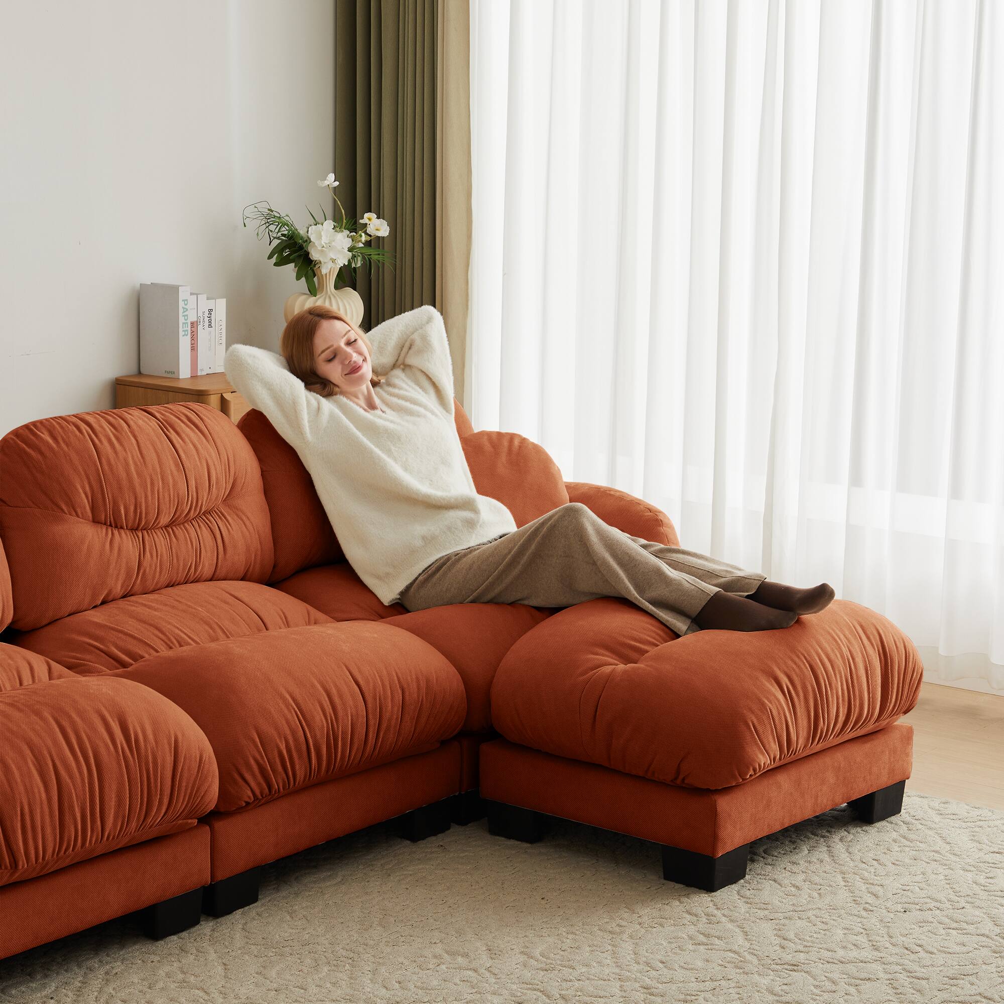 Back. Anysun - 3-Seater U Shape Sectional Couch with 2 Ottomans, Chenille Fabric, High-Density Foam & Curved Armrests for Living Room - Orange.