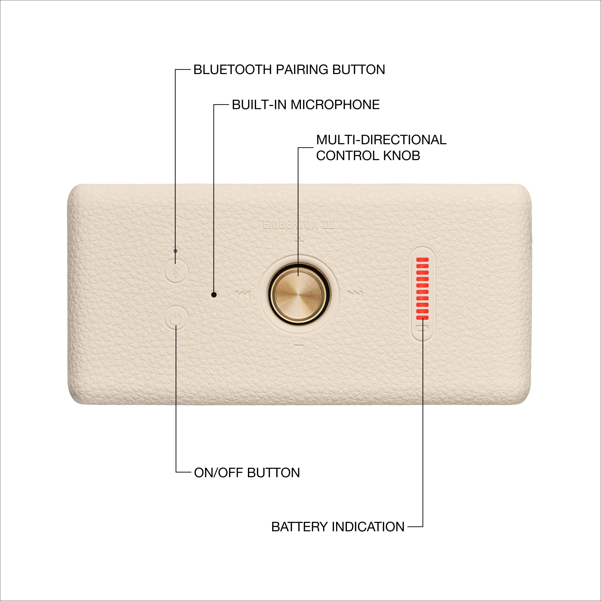 The image shows a device with a blue tooth pairing button, a built-in microphone, a multi-directional control knob, an on/off button, and a battery indication.