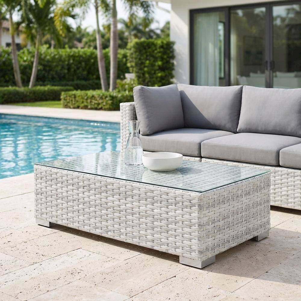 Left. Outdoor Escape - Contemporary Outdoor Patio Coffee Table With Weather-Resistant Surface - Gray.