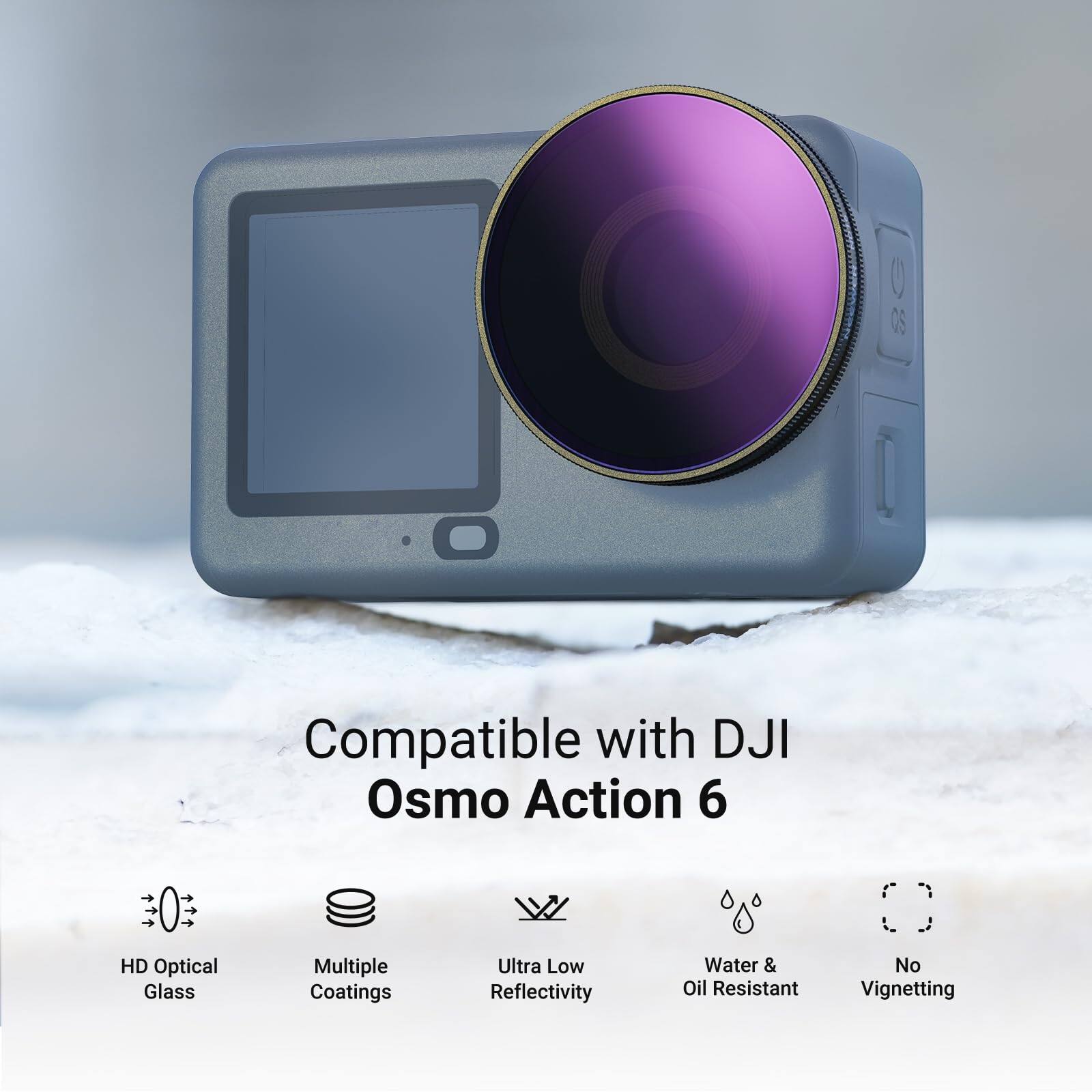 OS Compatible with DJI Osmo Action 6  
HD Optical Glass  
Multiple Coatings  
Ultra Low Reflectivity  
Water & Oil Resistant  
No Vignetting