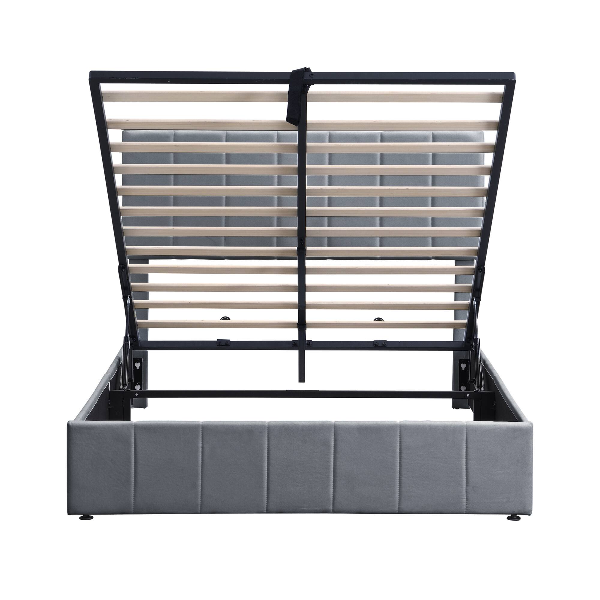 Alt View 6. GOODSILO - Full Size Upholstered Platform Bed with Hydraulic Storage System and Wooden Slat Support - Gray.