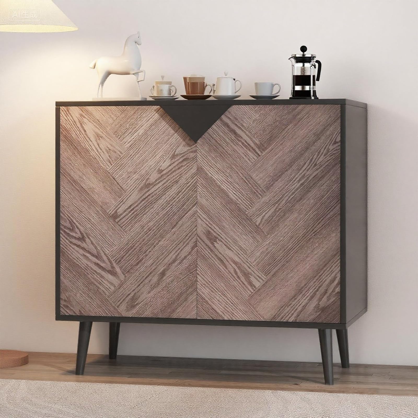 Alt View 2. Qeetex - 31.5" Sideboard Buffet Cabinet with 2 Doors, Wood Finish Modern Storage Accent Cabinet - Black+grey Grain.