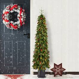 Glitzhome - 6ft Pre-lit Artificial Christmas Porch Tree, red berries,pinecones, 180 warm white lights,3 function, Foot Pedal - Green
