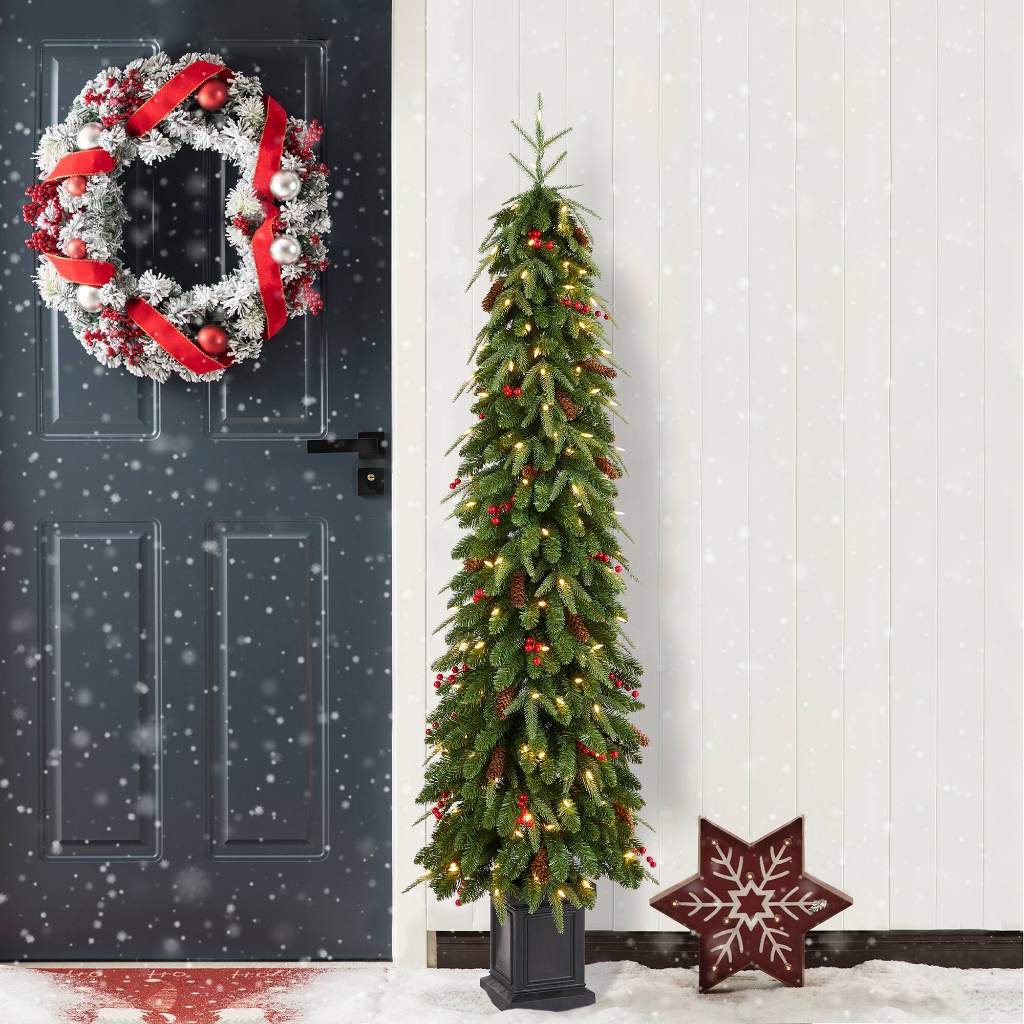 Glitzhome - 6ft Pre-lit Artificial Christmas Porch Tree, red berries,pinecones, 180 warm white lights,3 function, Foot Pedal - Green