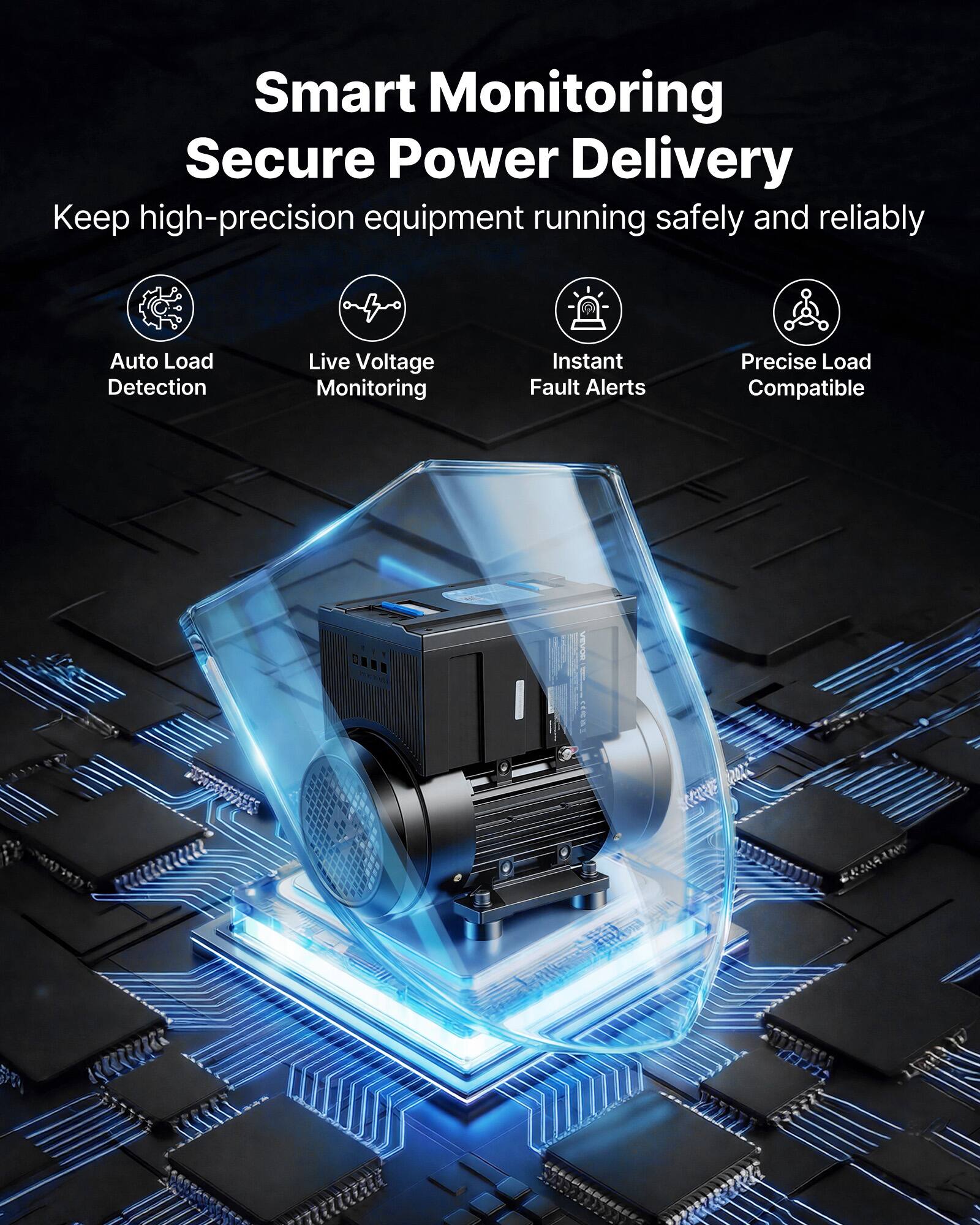 Smart Monitoring Secure Power Delivery  
Keep high-precision equipment running safely and reliably  

Auto Load Detection  
Live Voltage Monitoring  
Instant Fault Alerts  
Precise Load Compatible