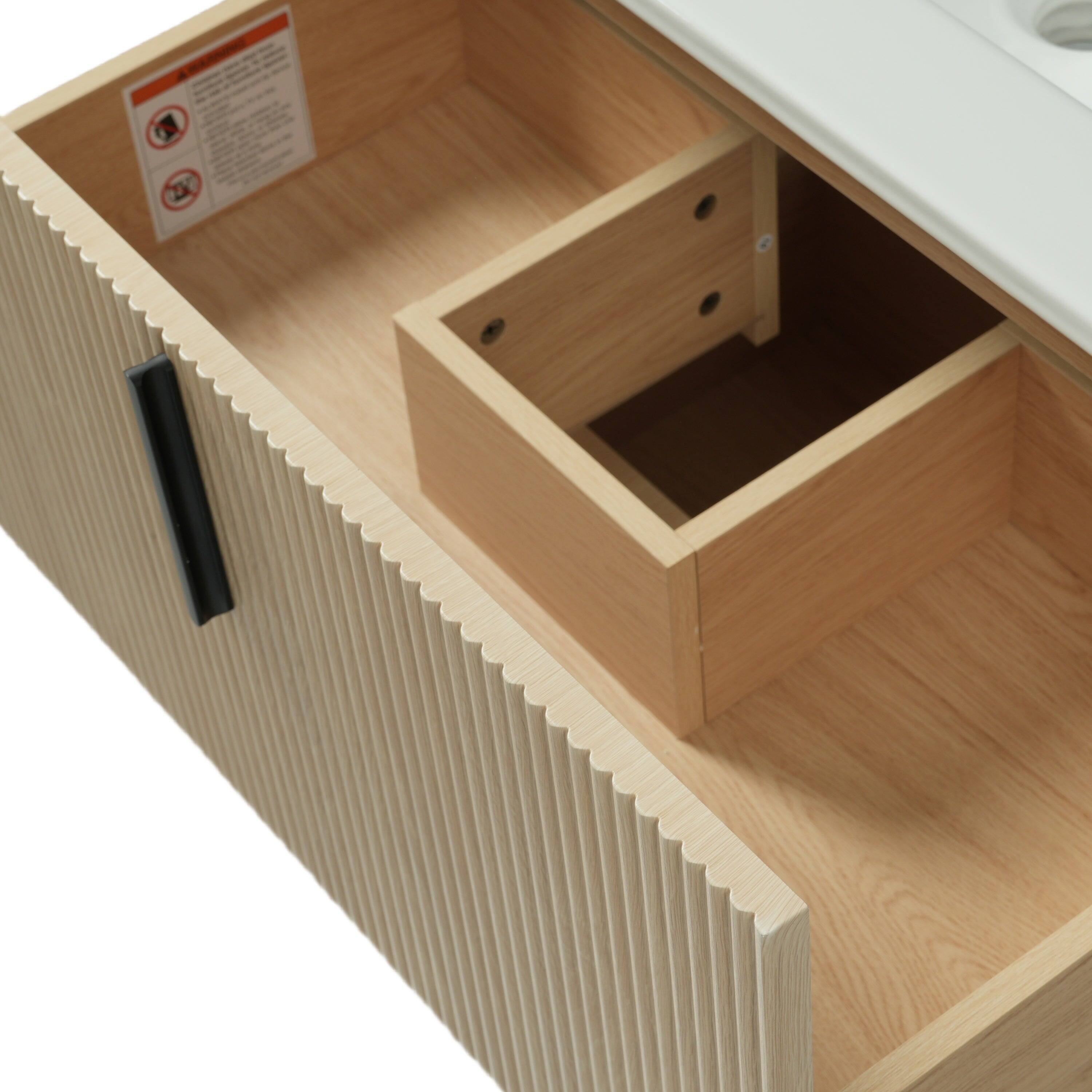 Alt View 8. Boyel Living - 30 Inch Bathroom Vanity with Ceramic Sink Full Extension Drawers Soft Close Fluted Design Natural - Natural.