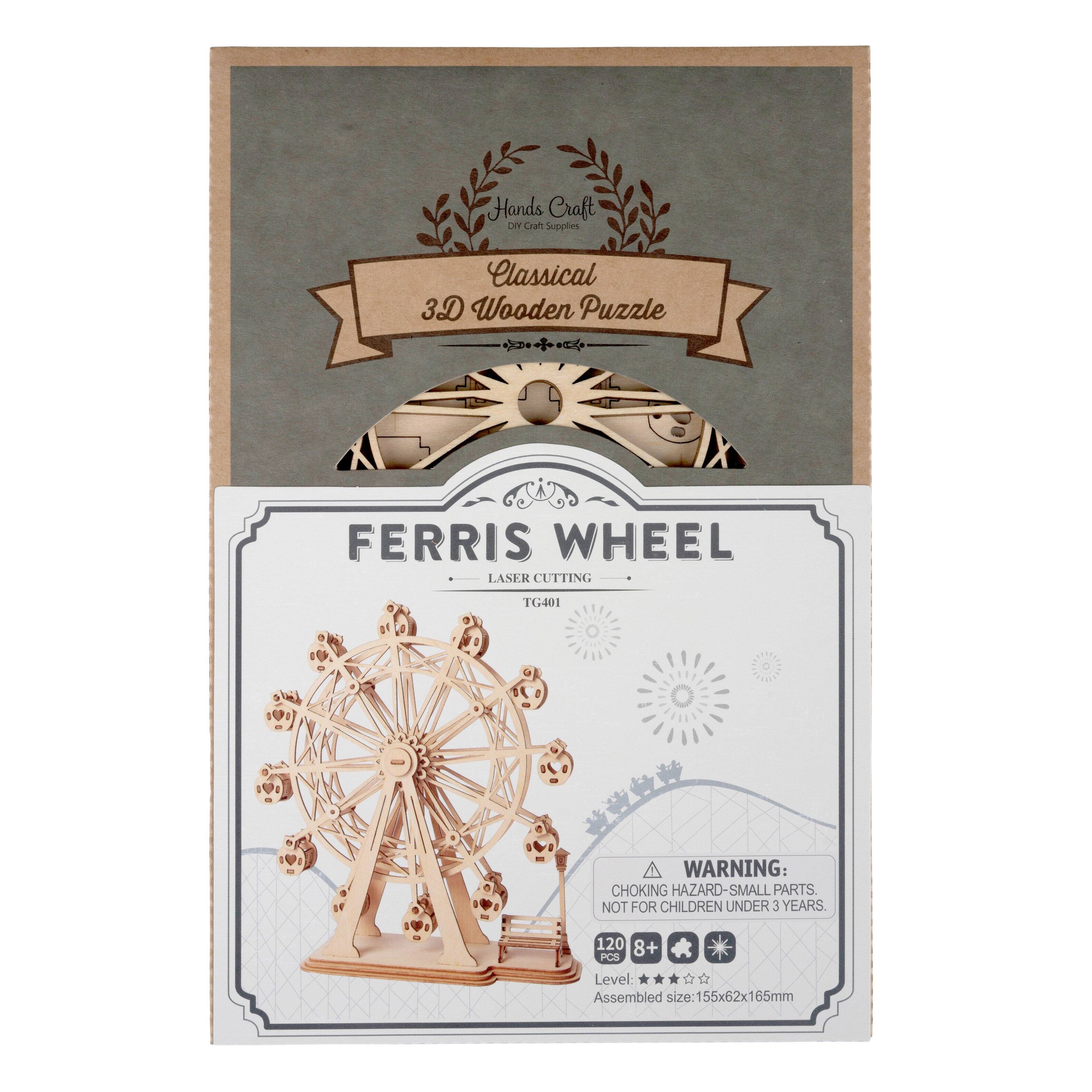 Hands Craft  
Craft Supplies  
Classical  
3D Wooden Puzzle  

FERRIS WHEEL  
LASER CUTTING  
TG401  

WARNING:  
CHOKING HAZARD - SMALL PARTS.  
NOT FOR CHILDREN UNDER 3 YEARS.  

120  
8+ POS  
Level: ★★★★☆  

Assembled size: 155x62x165mm