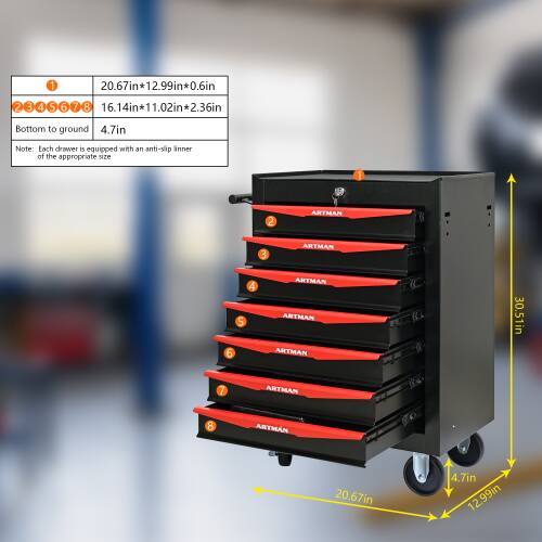 1. 20.67in x 12.99in x 0.6in  
2. 16.14in x 11.02in x 2.36in  
3. Bottom to ground: 4.7in  

Note: Each drawer is equipped with an anti-slip inner of the appropriate size.

1. ARTMAN  
2. ARTMAN  
3. ARTMAN  
4. ARTMAN  
5. ARTMAN  
6. ARTMAN  
7. ARTMAN  
8. ARTMAN  

30.51in / 20.67in / 12.99in