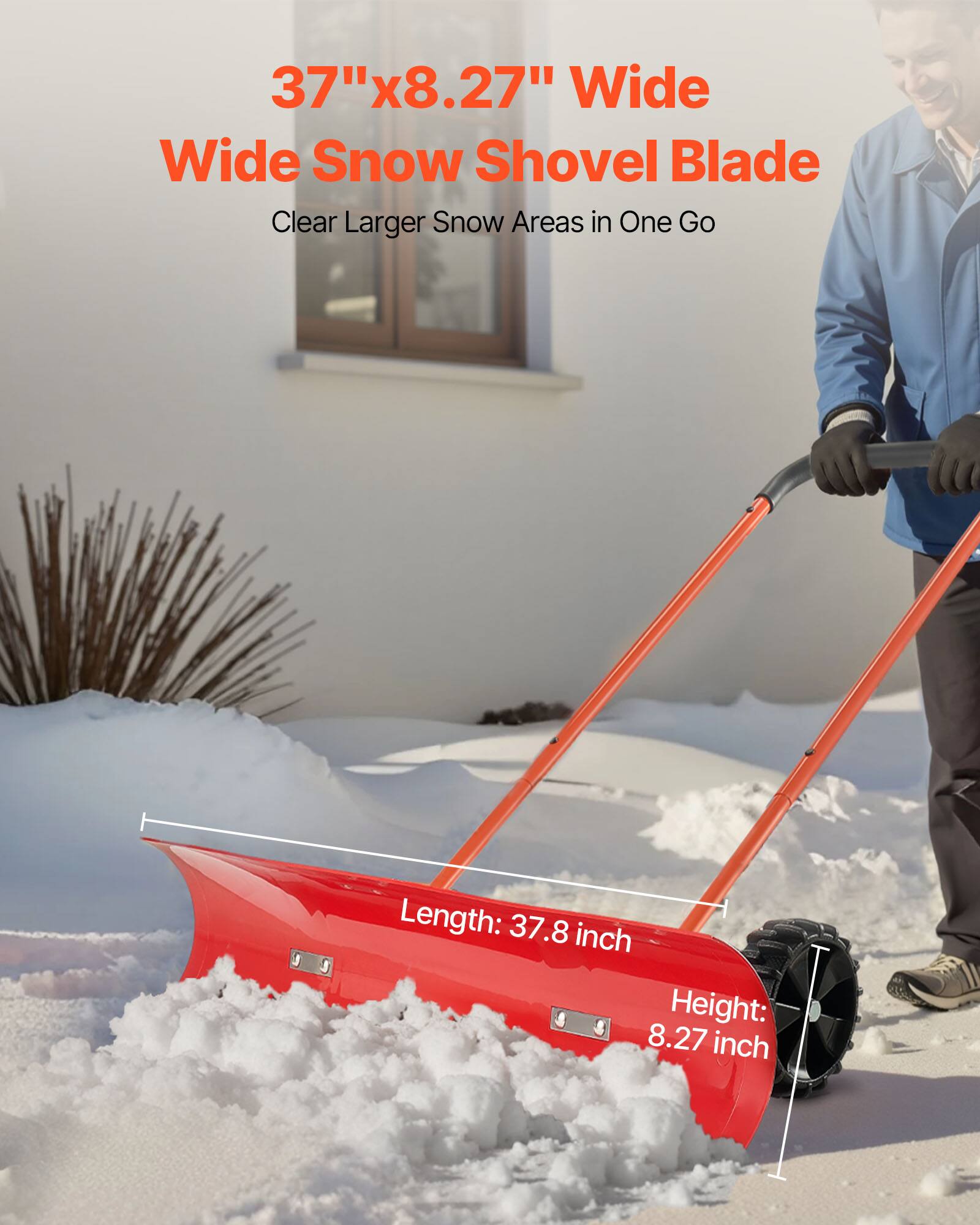 37"x8.27" Wide Snow Shovel Blade  
Clear Larger Snow Areas in One Go  

Length: 37.8 inch  
Height: 8.27 inch
