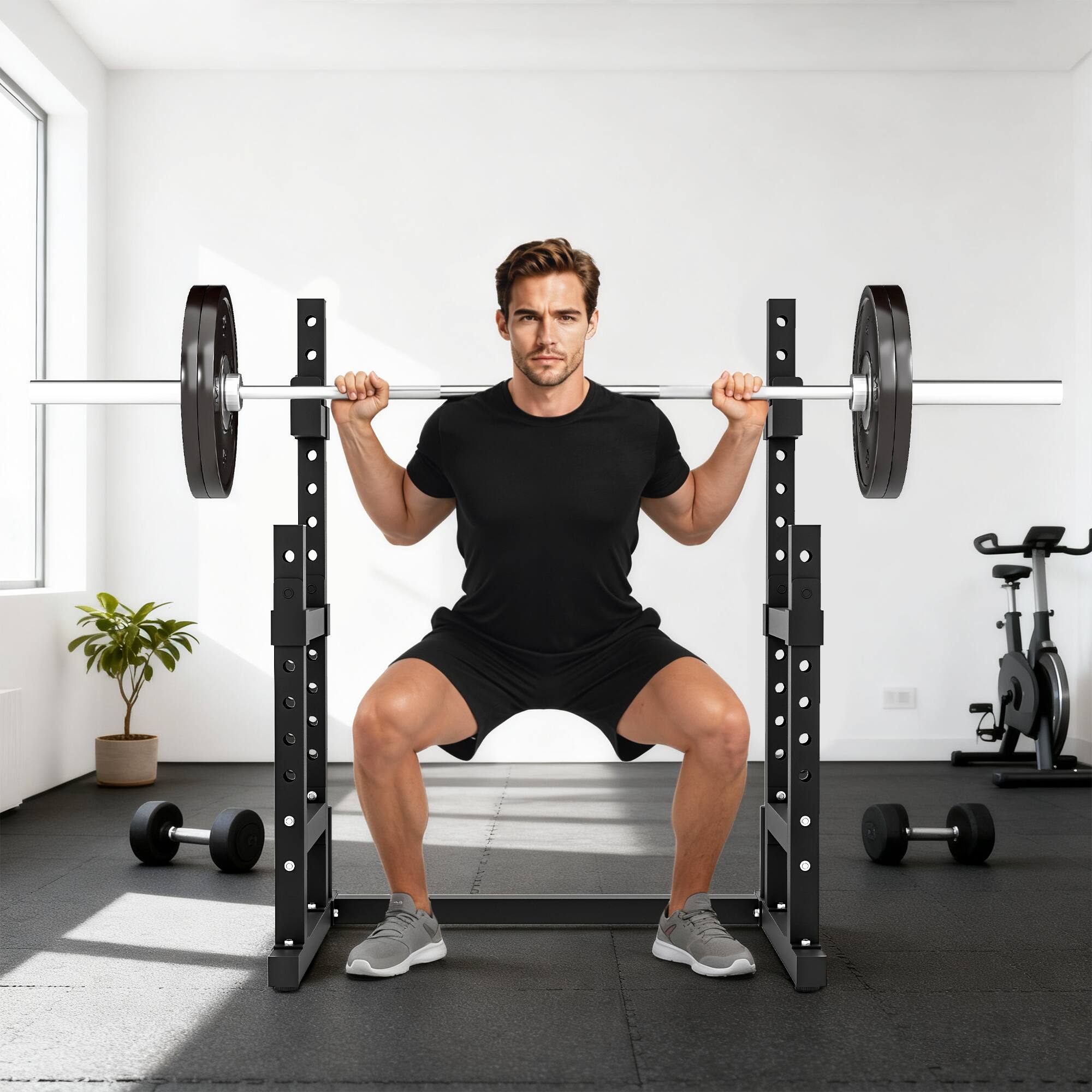 Alt View 7. Soozier - Adjustable Squat Rack, Multi-Functional Bench Press Rack, Heavy Duty Barbell Stand with Weight Plate Holders - Black.