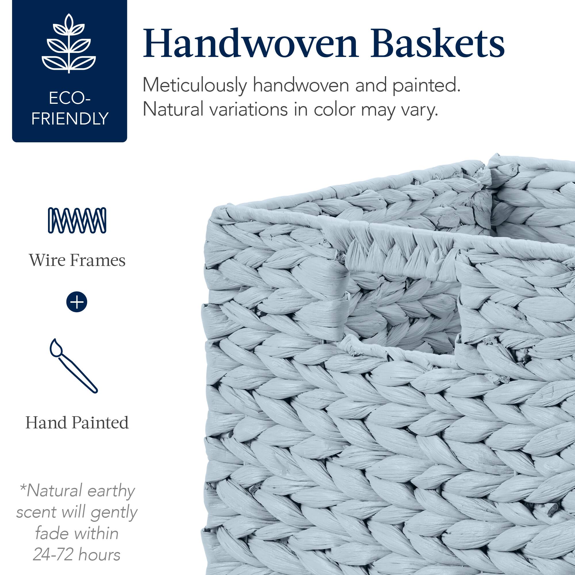 Handwoven Baskets  
Meticulously handwoven and painted.  
Natural variations in color may vary.  

ECO-FRIENDLY  

Wire Frames + Hand Painted  

*Natural earthy scent will gently fade within 24-72 hours