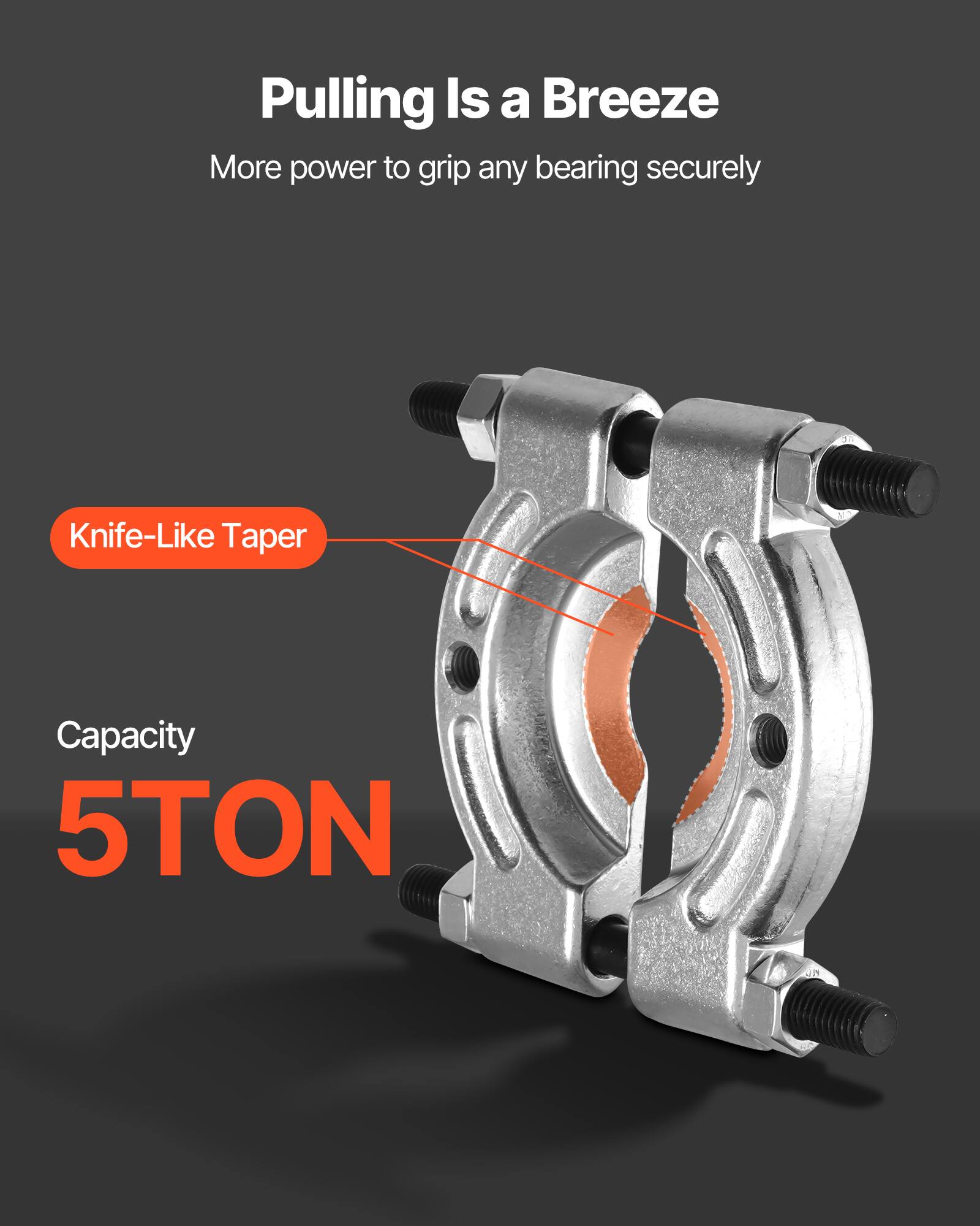 Pulling Is a Breeze  
More power to grip any bearing securely  

Knife-Like Taper  

Capacity  
5 TON