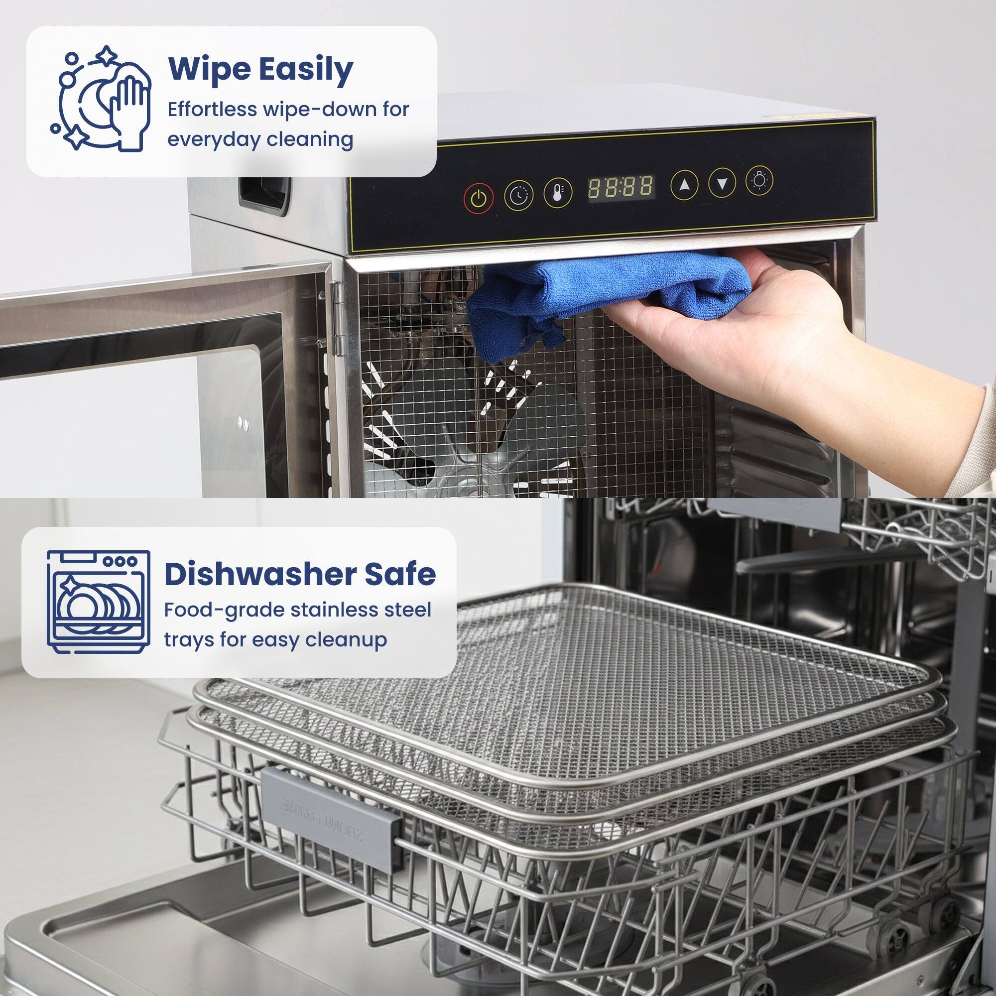 Wipe Easily  
Effortless wipe-down for everyday cleaning

88:88

Dishwasher Safe  
Food-grade stainless steel trays for easy cleanup