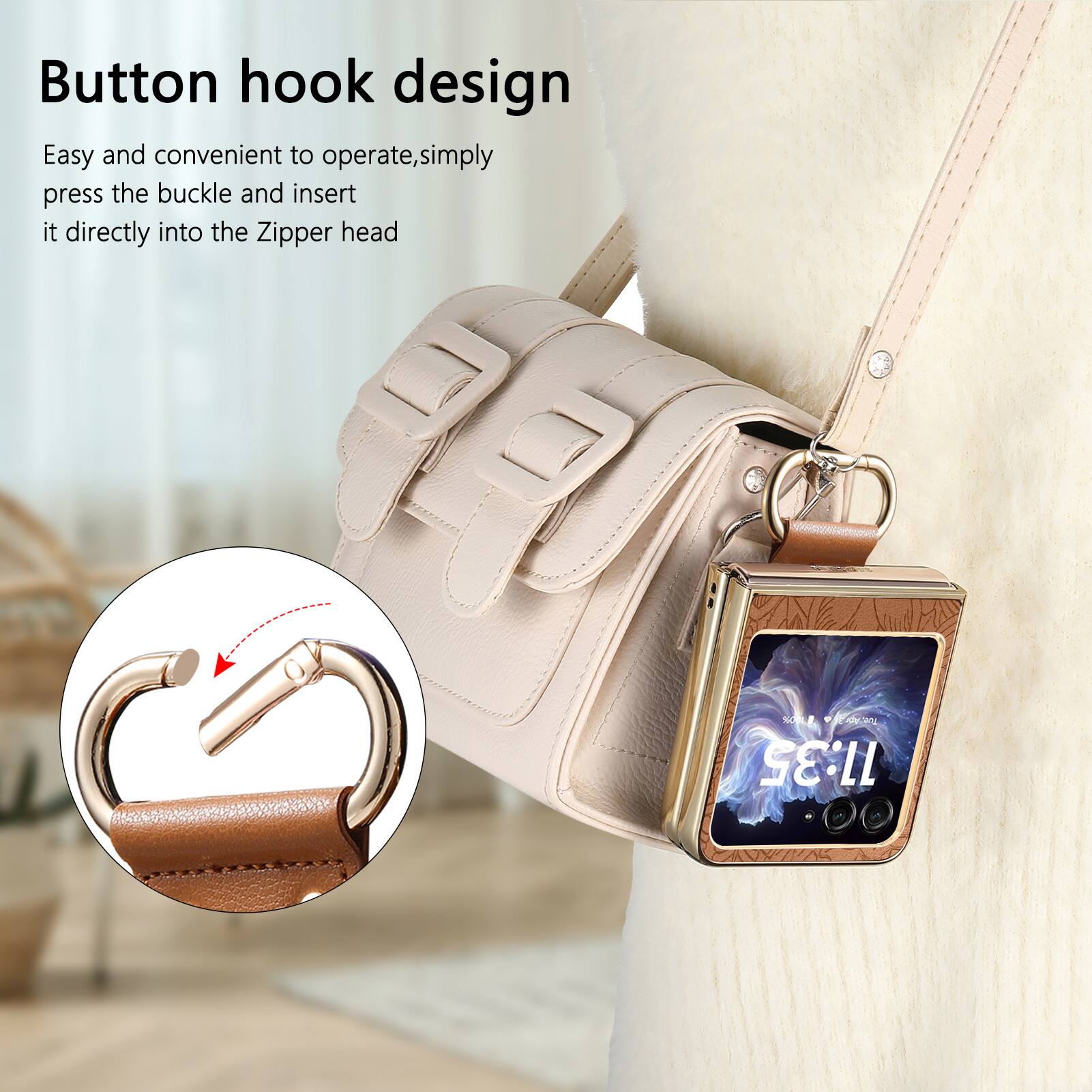 Button hook design  
Easy and convenient to operate, simply press the buckle and insert it directly into the Zipper head