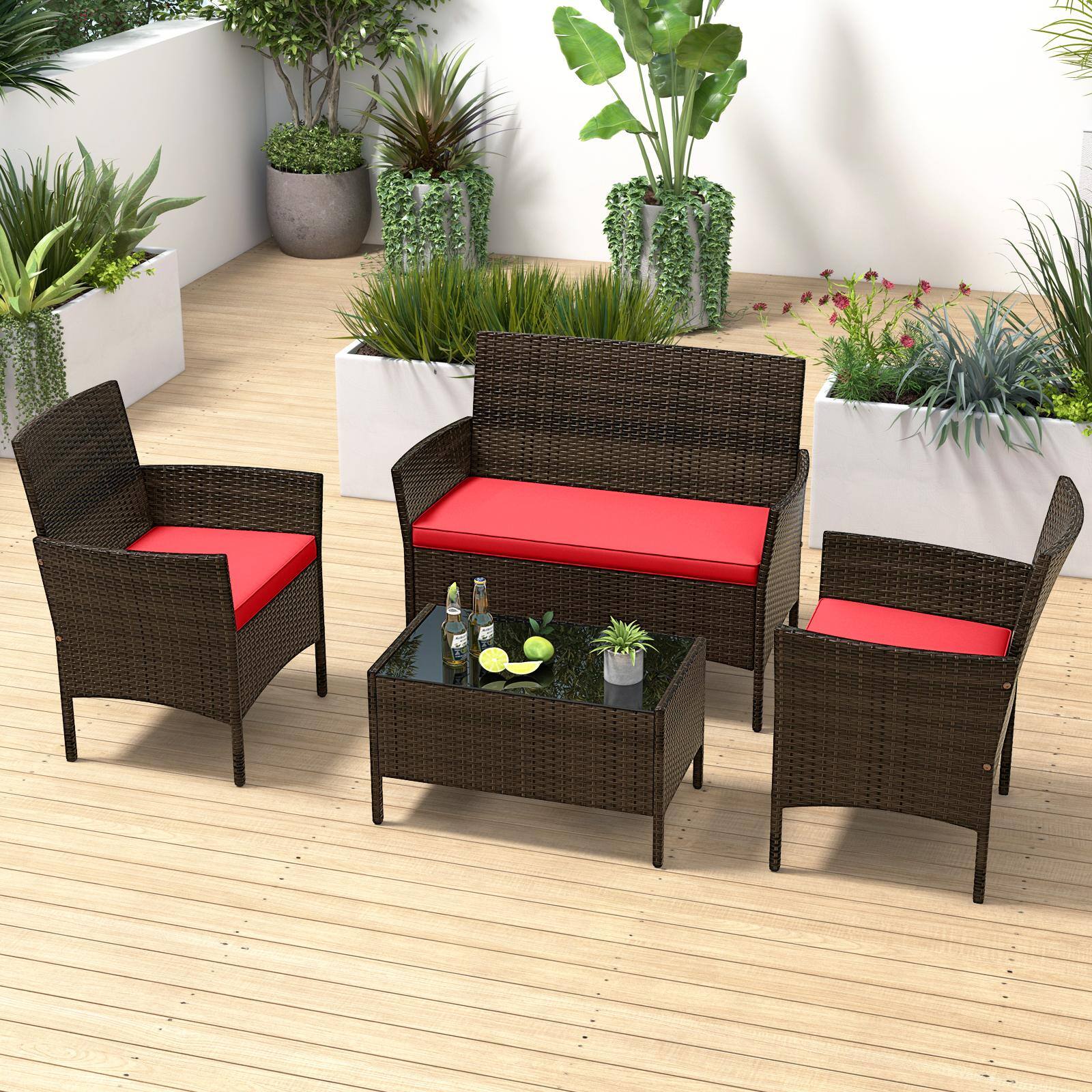 Alt View 3. Costway - Costway 4PCS Patio Rattan Furniture Set Cushioned Sofa Coffee Table Backyard Porch - Red.