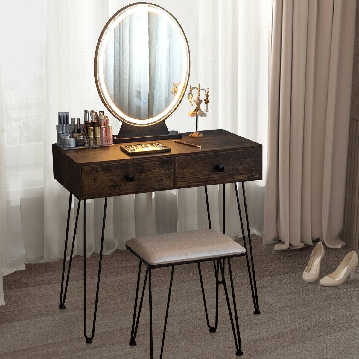 Alt View 1. Ecooso - Industrial-Style Vanity Desk with Lighting Mirror, Wide Tabletop and Wooden Drawer Finish - Brown.