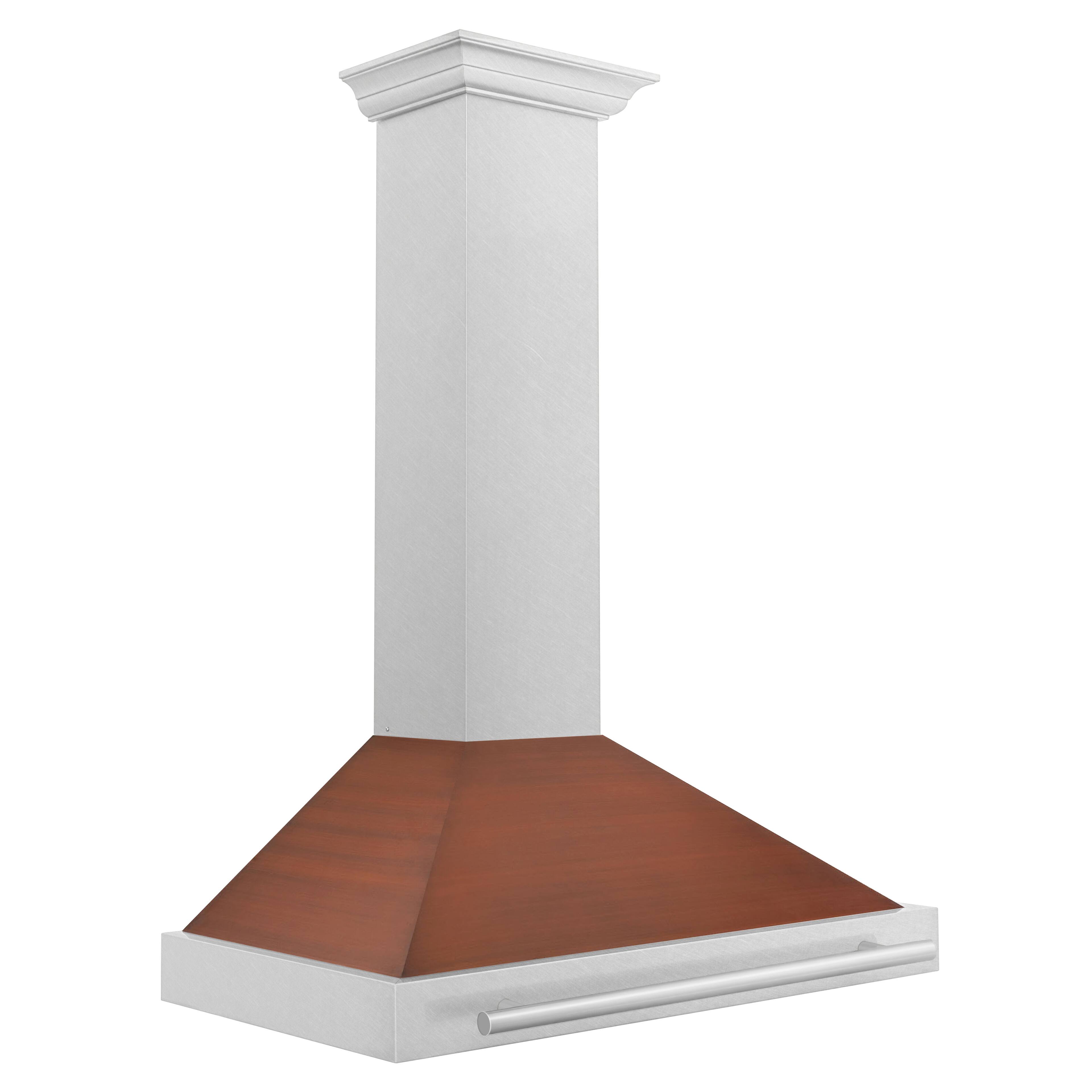 Angle. ZLINE - ZLINE 36 in. Convertible Satin Steel Wall Mount Range Hood with Copper Shell and Steel Handle - Stainless Steel.