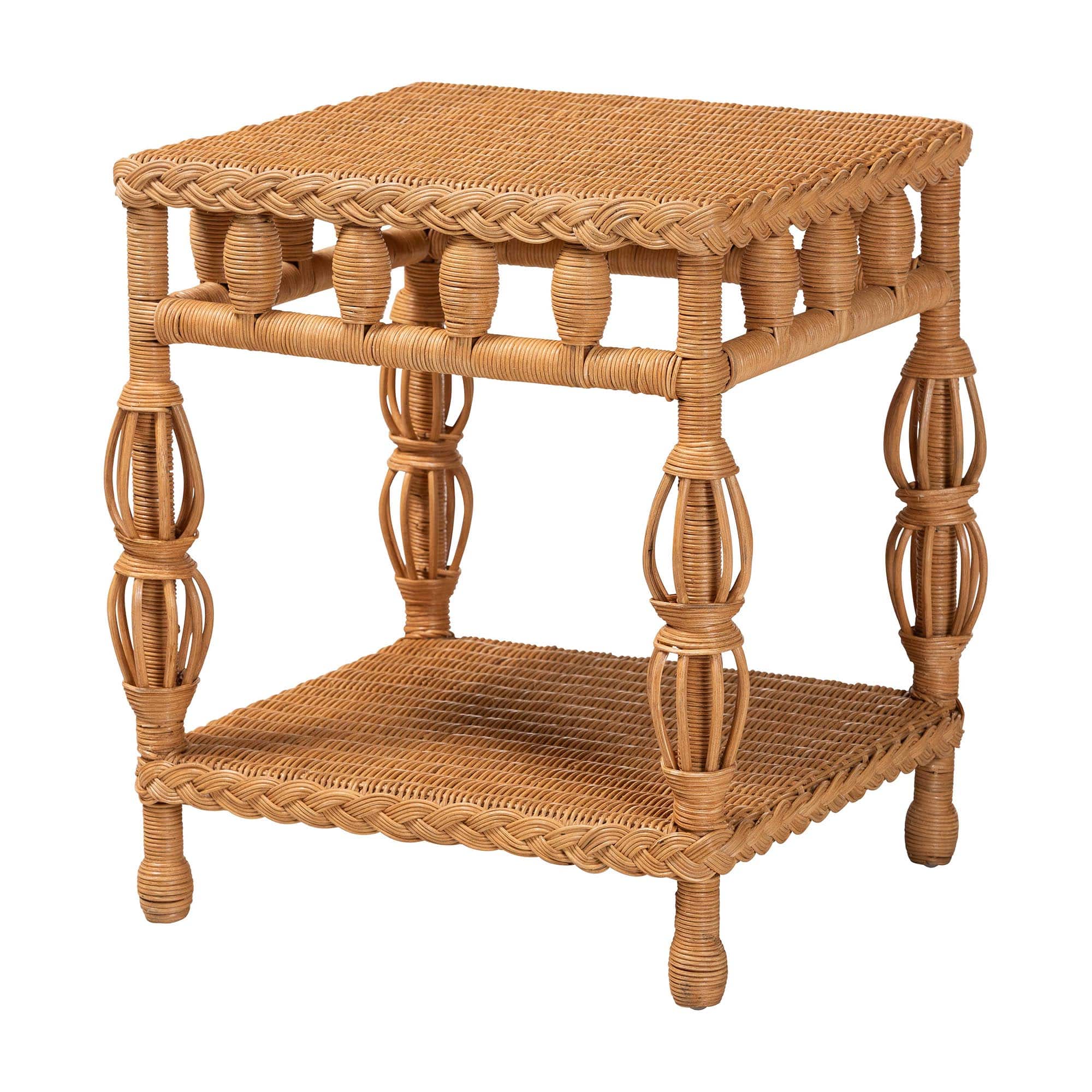 bali & pari - Dolby Natural Rattan End Table - Handwoven Wicker Side Table with Lower Shelf, Coastal Boho Style Accent Table - Light Honey