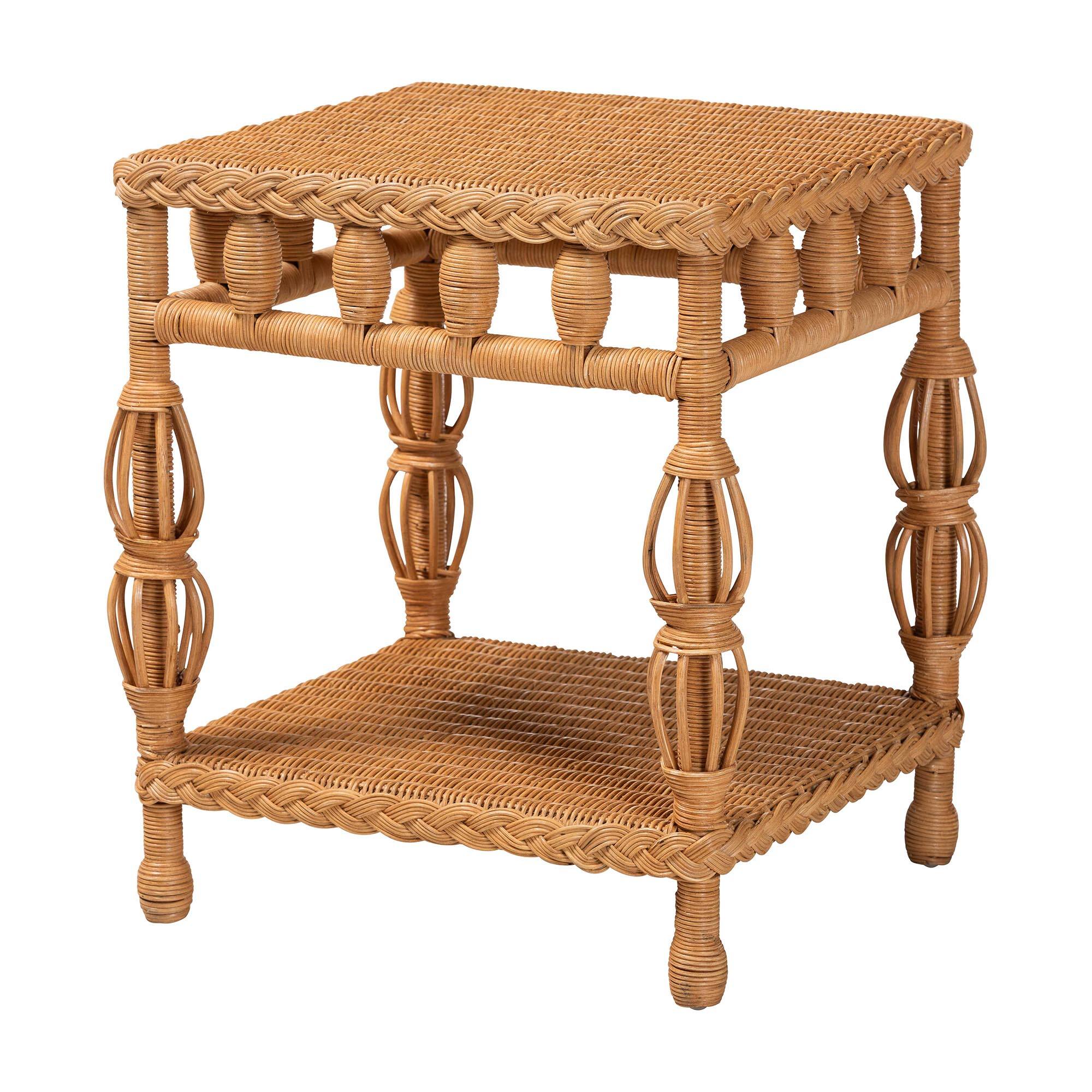Front. bali & pari - Dolby Natural Rattan End Table - Handwoven Wicker Side Table with Lower Shelf, Coastal Boho Style Accent Table - Light Honey.