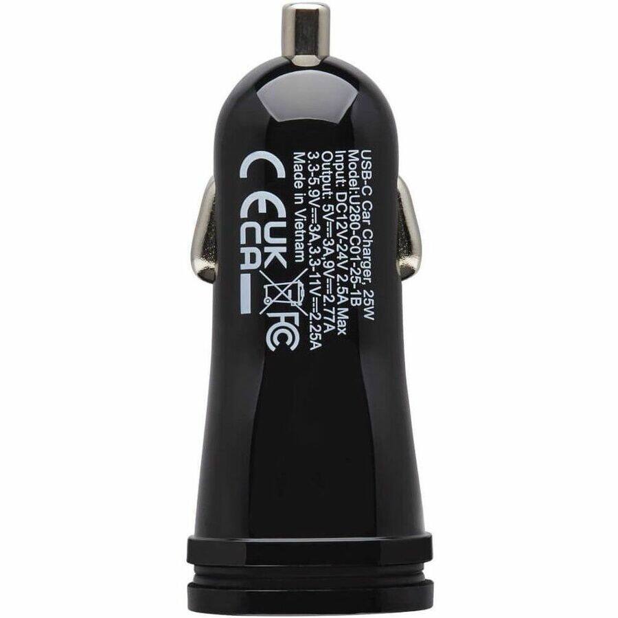 Model: USB-C in Car Charger  
Input: DC12V-24V 2.5A  
Output:  
- 3.3V-5.9V = 3A  
- 5V = 3A  
- 9V = 2.77A  
- 9V = 2.25A  
- 12V = 2.5A  
Max: 25W  
Made in Vietnam  
CE, UK, CA, FCC