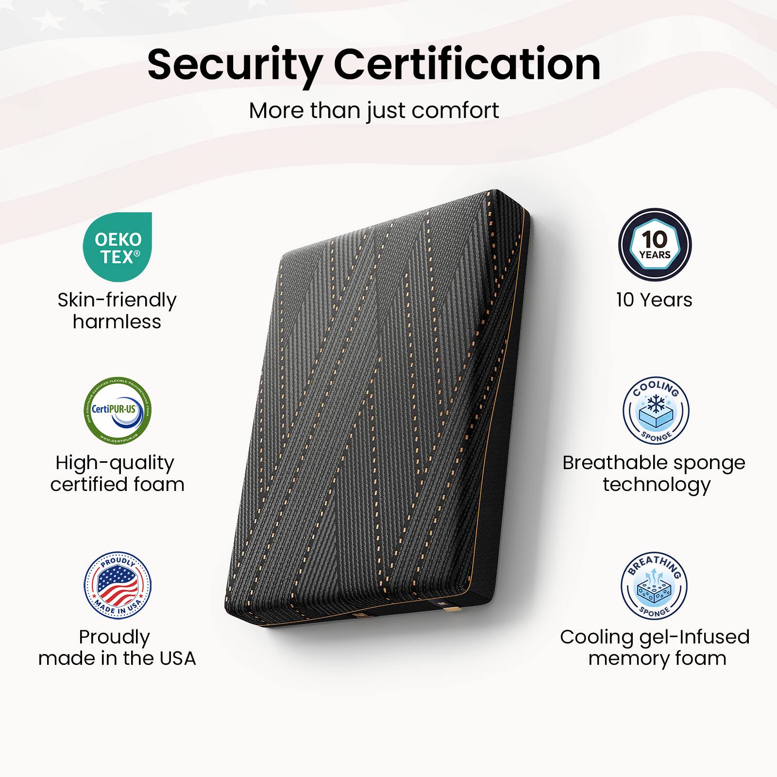 Security Certification  
More than just comfort  

- OEKO TEX®  
  Skin-friendly harmless  

- 10 Years  

- CertiPUR-US  
  High-quality certified foam  

- Proudly made in the USA  

- Breathable sponge technology  

- Cooling gel-Infused memory foam