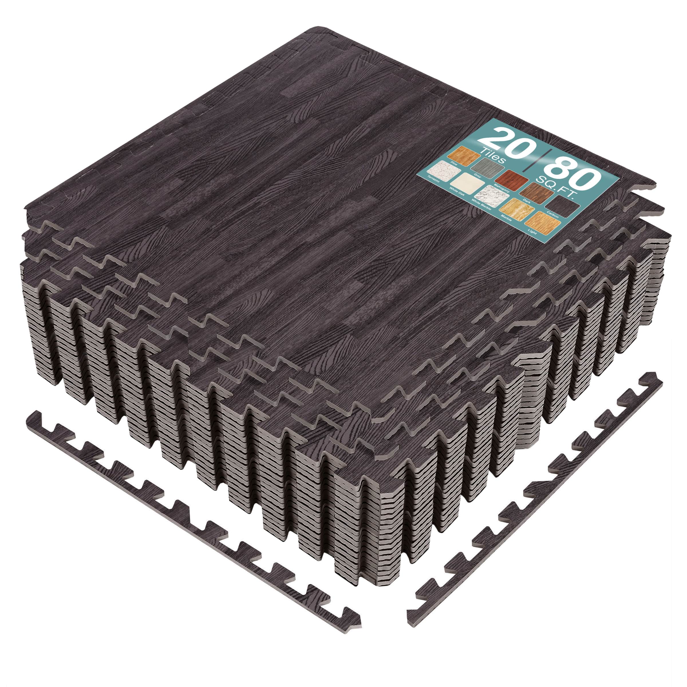 Sorbus - 3/8-Inch Thick 80 Sq. Ft. Wood Grain Floor Foam EVA Interlocking Mats Tiles w/ Borders - for Home, Trade Show - Carbon