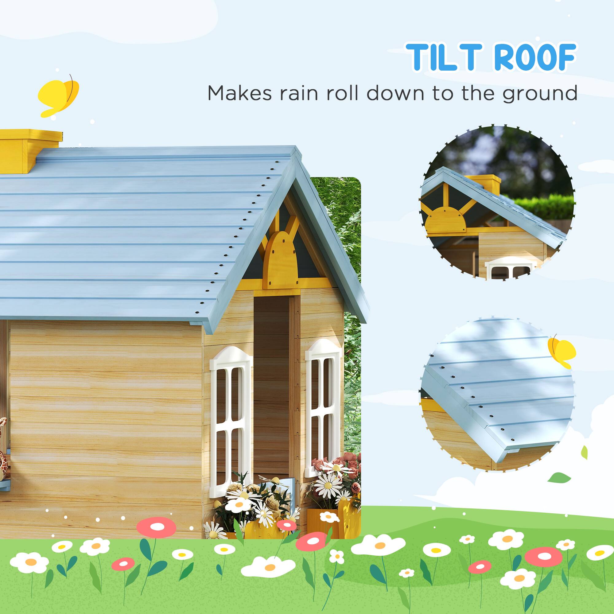Alt View 2. Outsunny - Wooden Playhouse for Kids Outdoor Garden Pretend Play Games, Adventures Cottage, with Working Door, Windows, Bench.