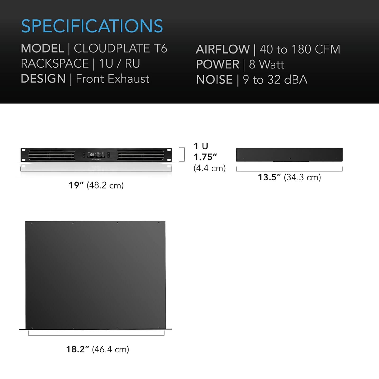 SPECIFICATIONS  
MODEL | CLOUDPLATE T6  
RACKSPACE | 1 U / RU  
DESIGN | Front Exhaust  
AIRFLOW | 40 to 180 CFM  
POWER | 8 Watt  
NOISE | 9 to 32 dBA  

19" (48.2 cm)  
1 U  
1.75" (4.4 cm)  
13.5" (34.3 cm)  
18.2" (46.4 cm)