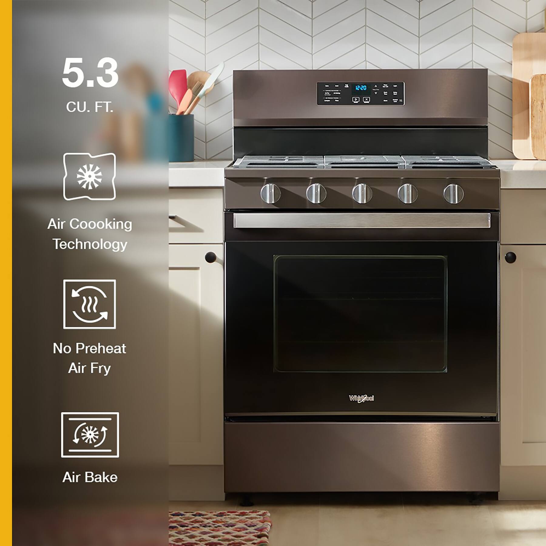 The text on the image reads: "5.3 CU. FT. - UN0 - Air Cooking Technology No Preheat Air Fry wngad Air Bake."