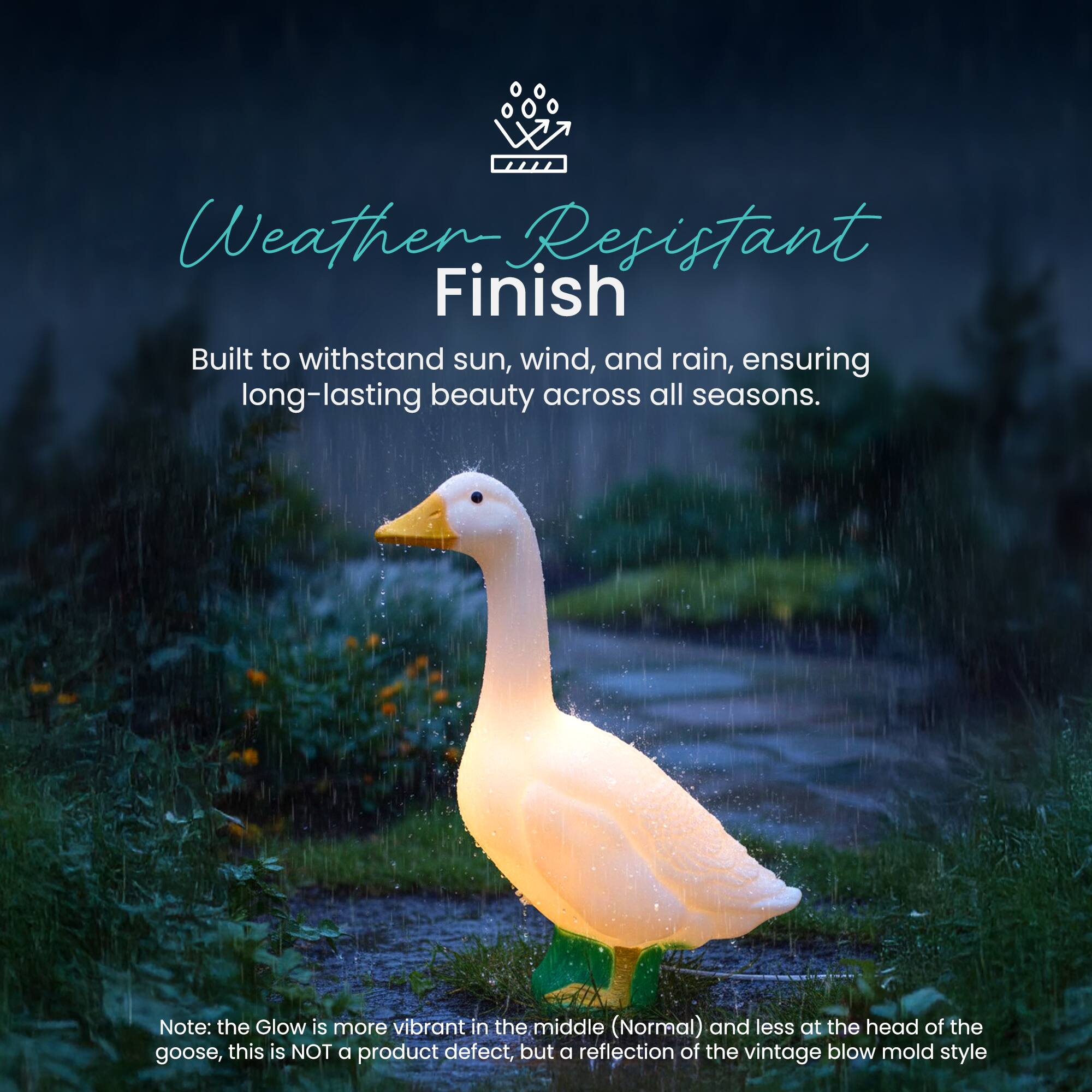 Weather Resistant Finish

Built to withstand sun, wind, and rain, ensuring long-lasting beauty across all seasons.

Note: The glow is more vibrant in the middle (Normal) and less at the head of the goose, this is NOT a product defect, but a reflection of the vintage blow mold style.