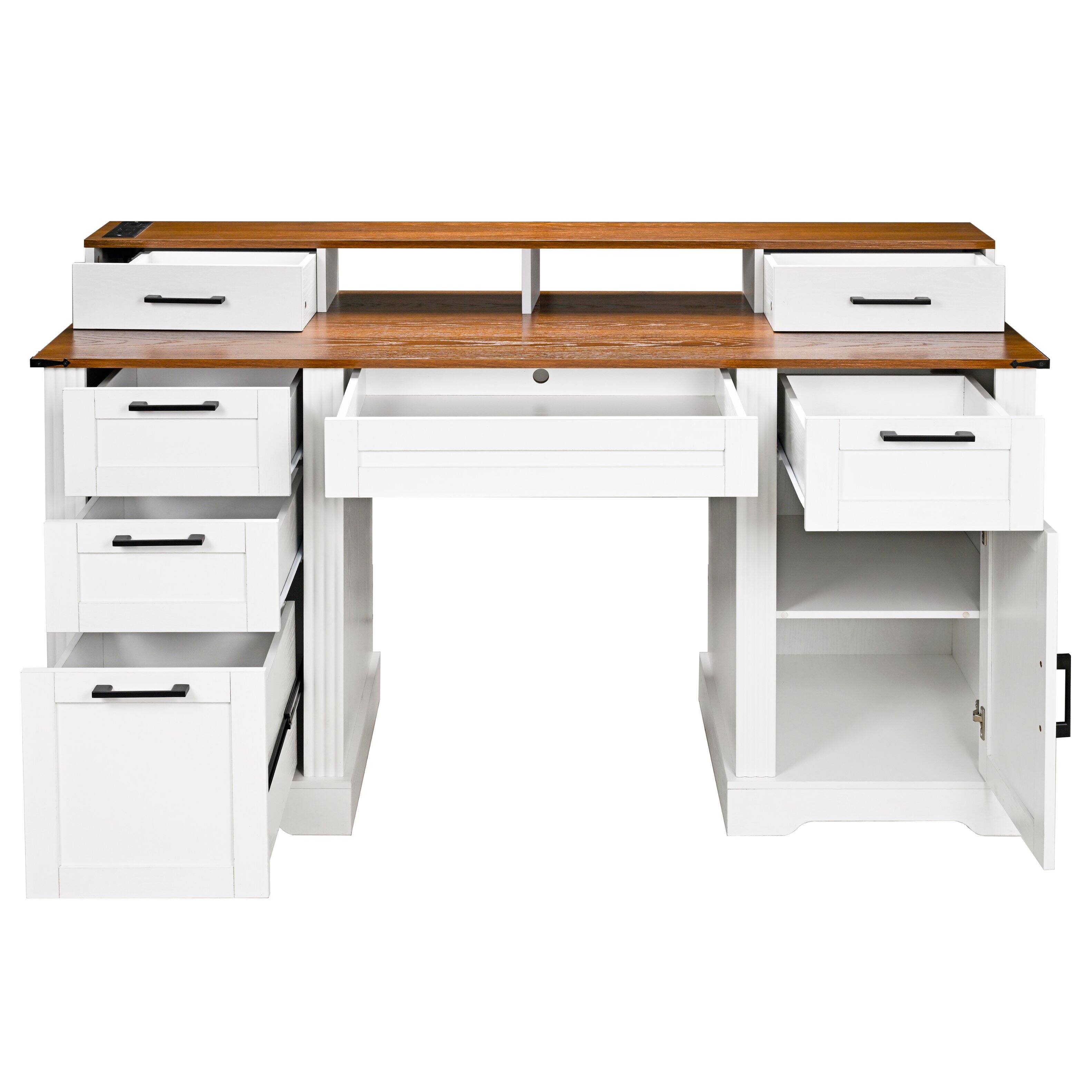 Alt View 10. Loheer - Loheer Farmhouse Office Desk, 59 Inch White Office Desk with Drawers, Charging Station, Monitor Stand, Cabinet - White.