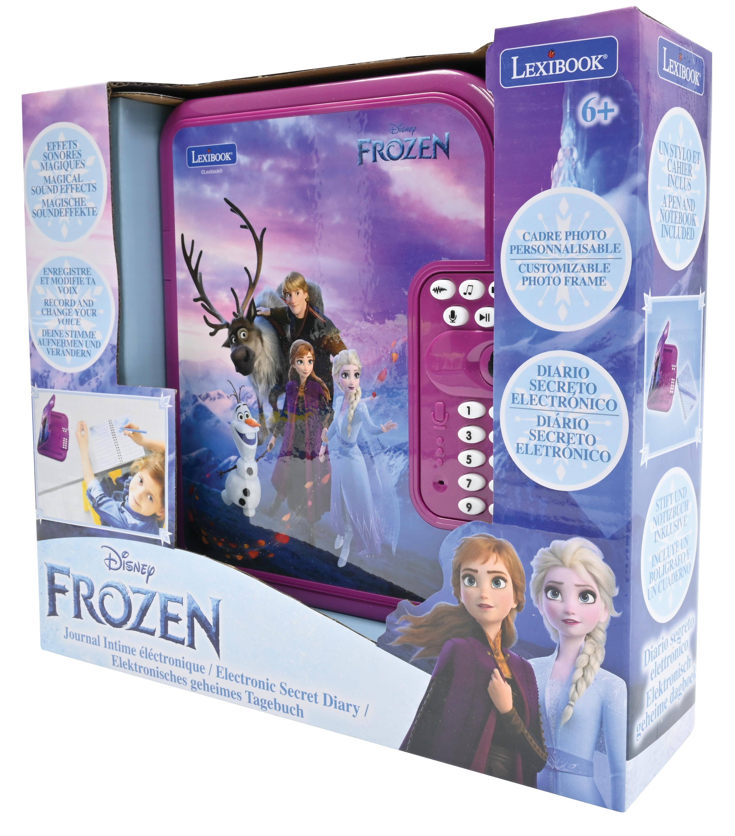 LEXIBOOK LEXIBOO 6+ Disney FROZEN  
- Effets sonores  
- Stylus et magiques  
- Cahier magical  
- Sound effects  
- Magische  
- Apenavo  
- Soundeffekte  
- Notebour  
- Cadre photo inclus  
- Personalisable  
- Enregistre  
- Customizable  
- Modifie ta photo  
- Frame  
- Voix  
- Deine Stimme aufnehmen und verändern  
- Diario secreto  
- Electronico  
- Dirio secreto  
- Eletrónico  
- Secret diary  
- Electronic secret diary  
- Elektronisches geheimes Tagebuch