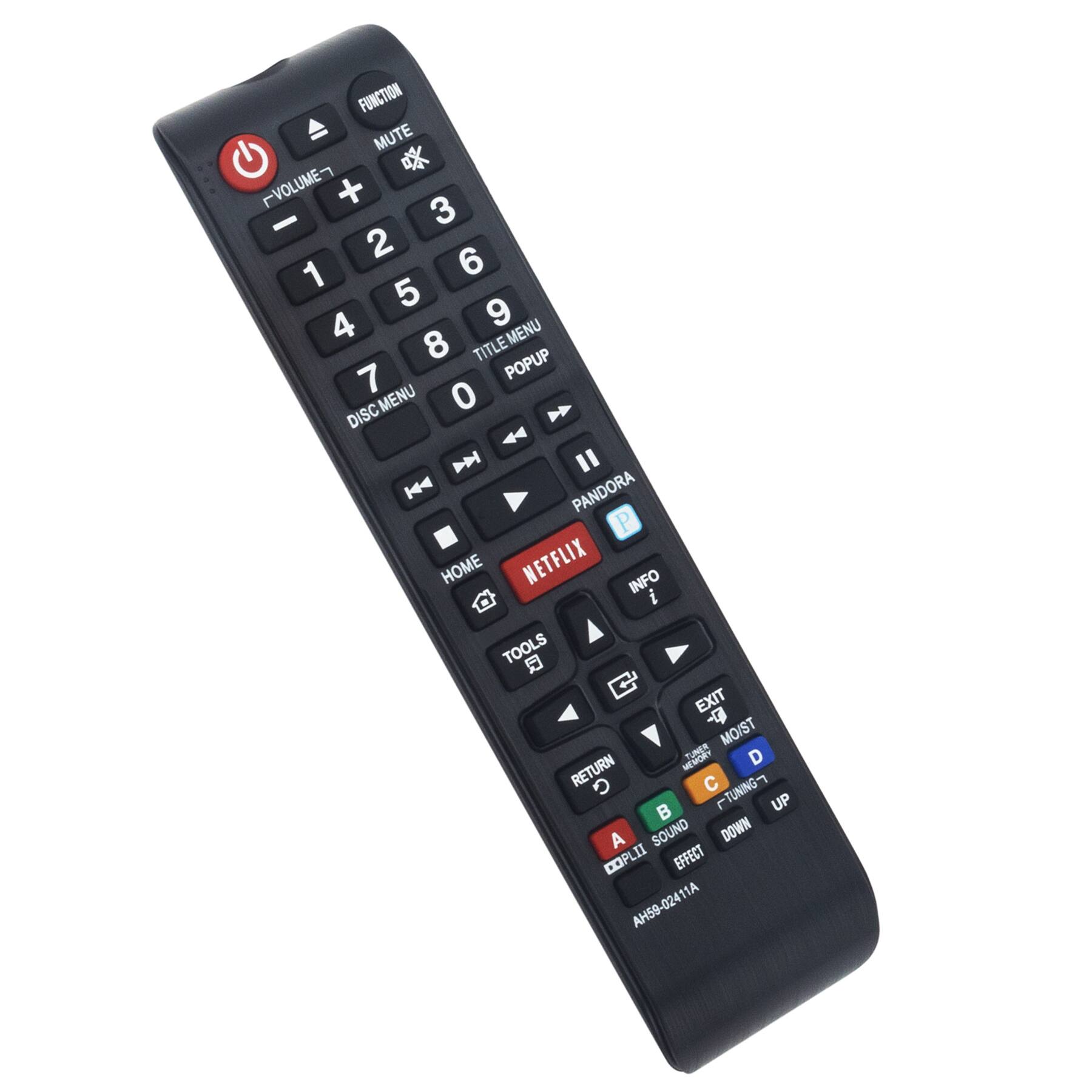 FUNCTION  
MUTE  
VOLUME - +  
1 2 3  
4 5 6  
7 8 9  
0  
DISC MENU  
TITLE MENU  
POPUP MENU  
PANDORA  
NETFLIX  
HOME  
TOOLS  
INFO  
EXIT  
MOIST  
RETURN  
TUNER  
A SOUND DOWN  
B COPLII EFFECT  
C TUNING UP  
D  
AH59-02411A