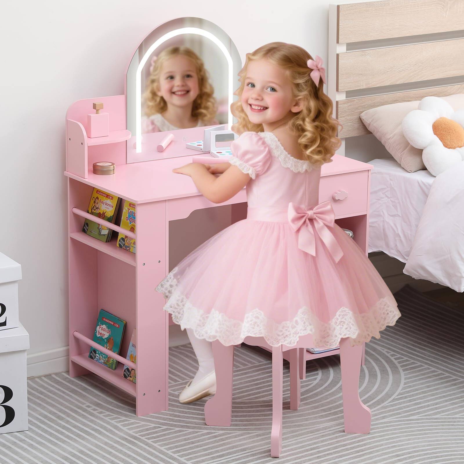 Jojoka - Kids Vanity with Lighted Mirror & Stool, Girls Makeup Table with Bookshelf, Drawer & Shelves for Ages 3–9 - Pink